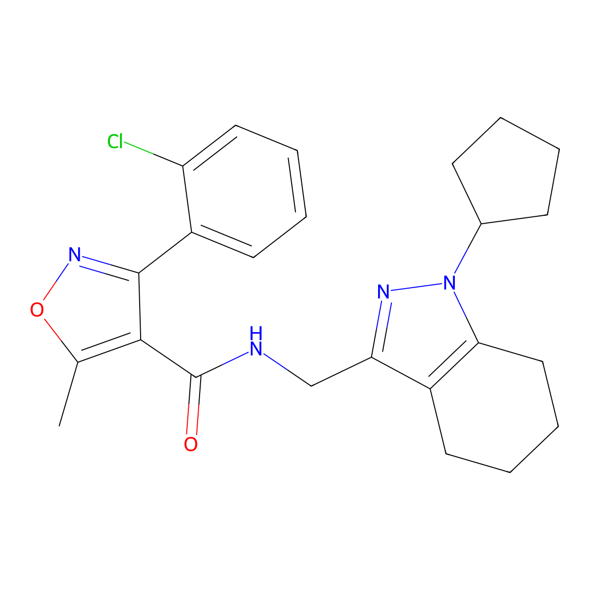 3-(2-chlorophenyl)-N-((1-cyclopentyl-4,5,6,7-tetrahydro-1H-indazol-3-yl)methyl)-5-methylisoxazole-4-carboxamide molecular structure, CAS 1448126-23-5