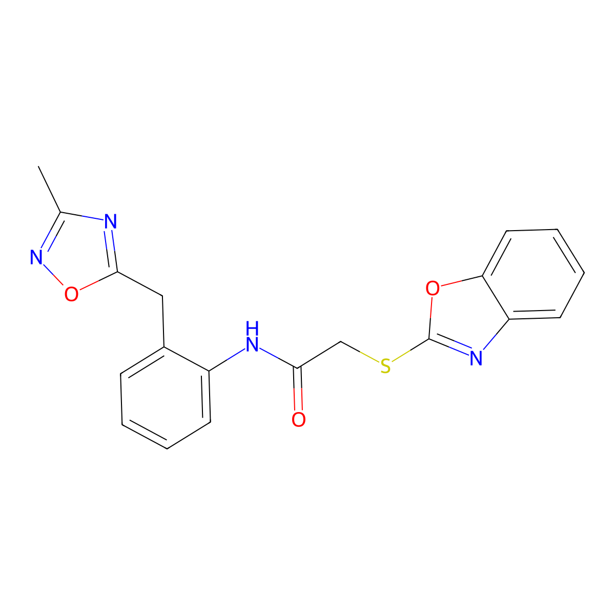 2-(benzo[d]oxazol-2-ylthio)-N-(2-((3-methyl-1,2,4-oxadiazol-5-yl)methyl)phenyl)acetamide molecular structure, CAS 1448126-27-9