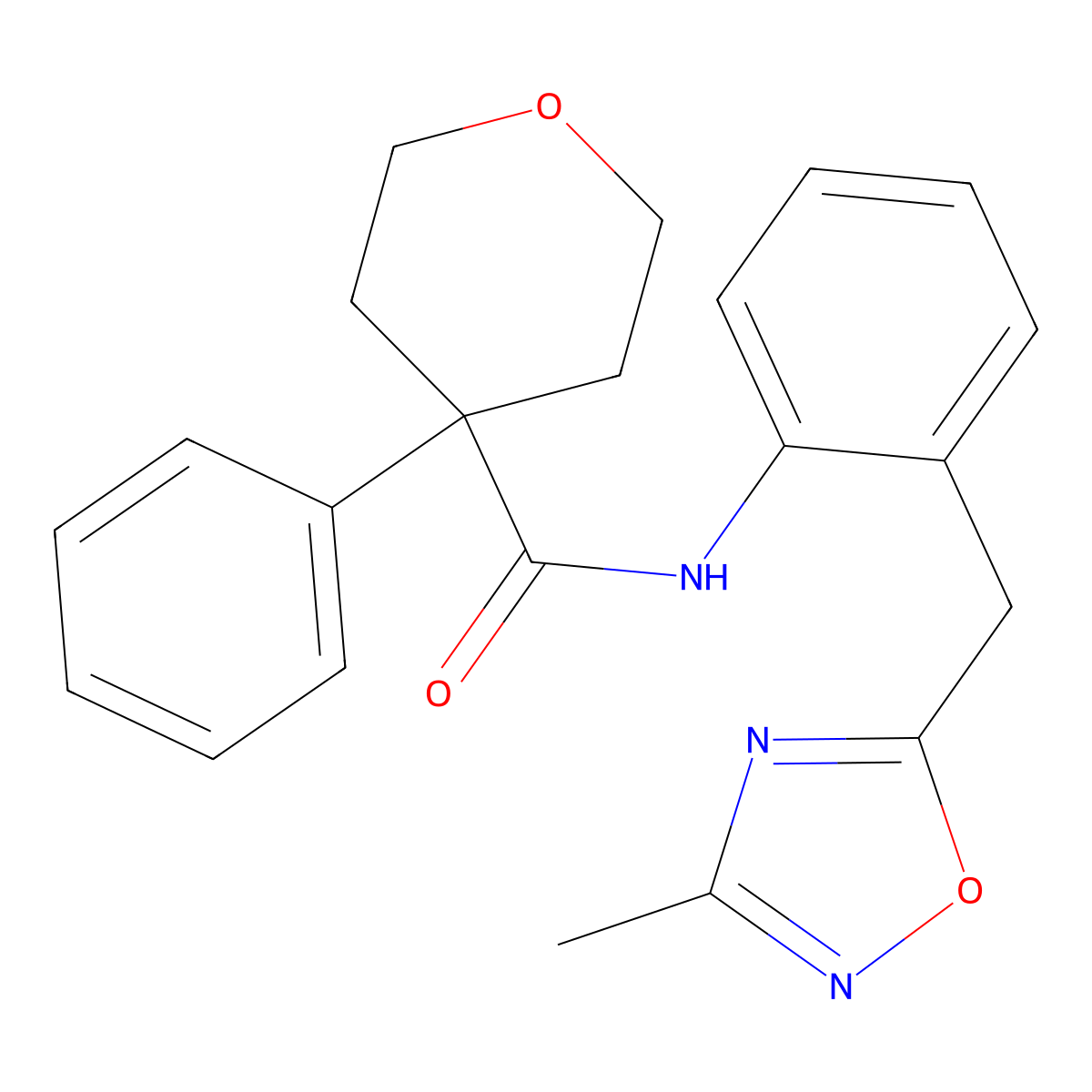 N-(2-((3-methyl-1,2,4-oxadiazol-5-yl)methyl)phenyl)-4-phenyltetrahydro-2H-pyran-4-carboxamide molecular structure, CAS 1448126-30-4