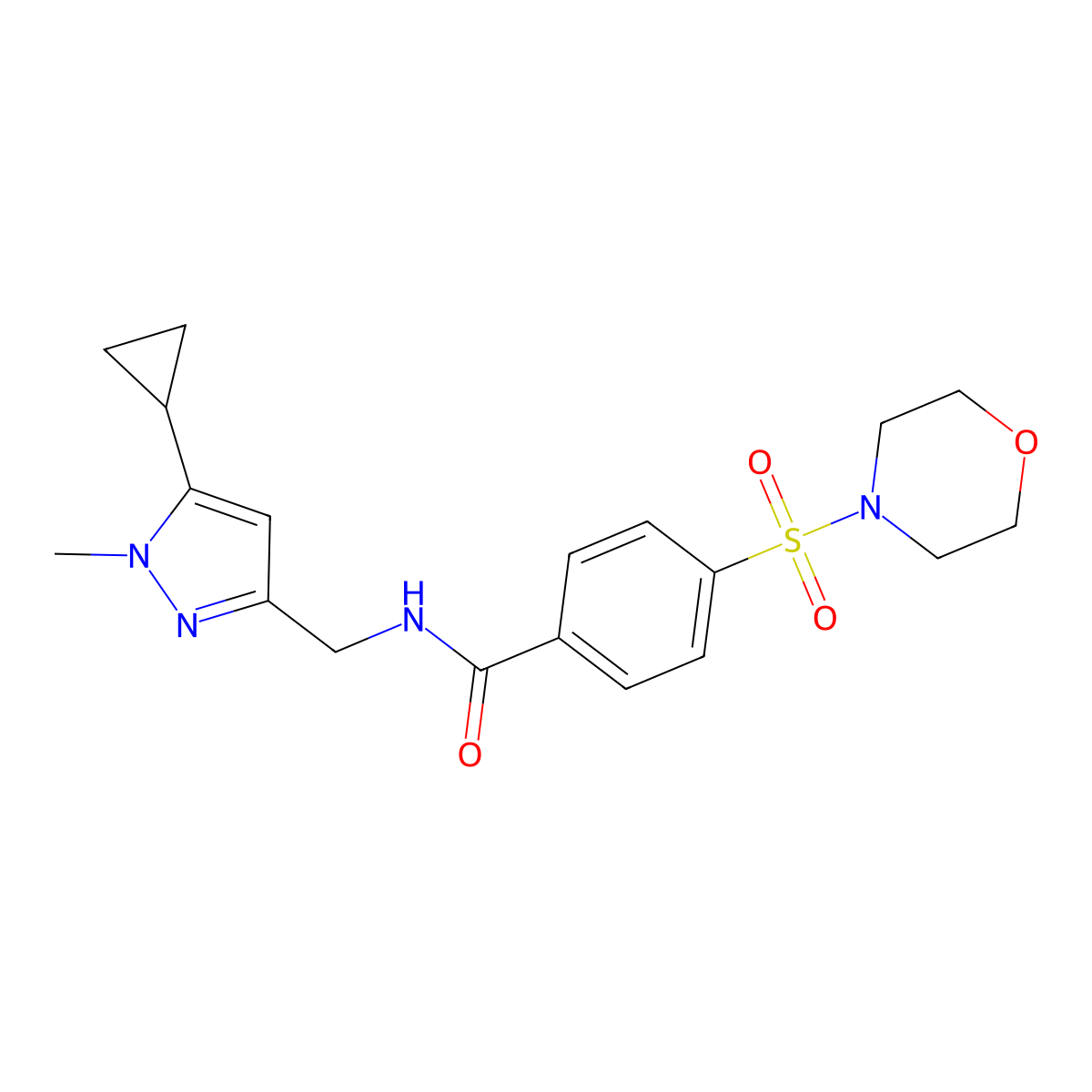 N-((5-cyclopropyl-1-methyl-1H-pyrazol-3-yl)methyl)-4-(morpholinosulfonyl)benzamide molecular structure, CAS 1448126-45-1