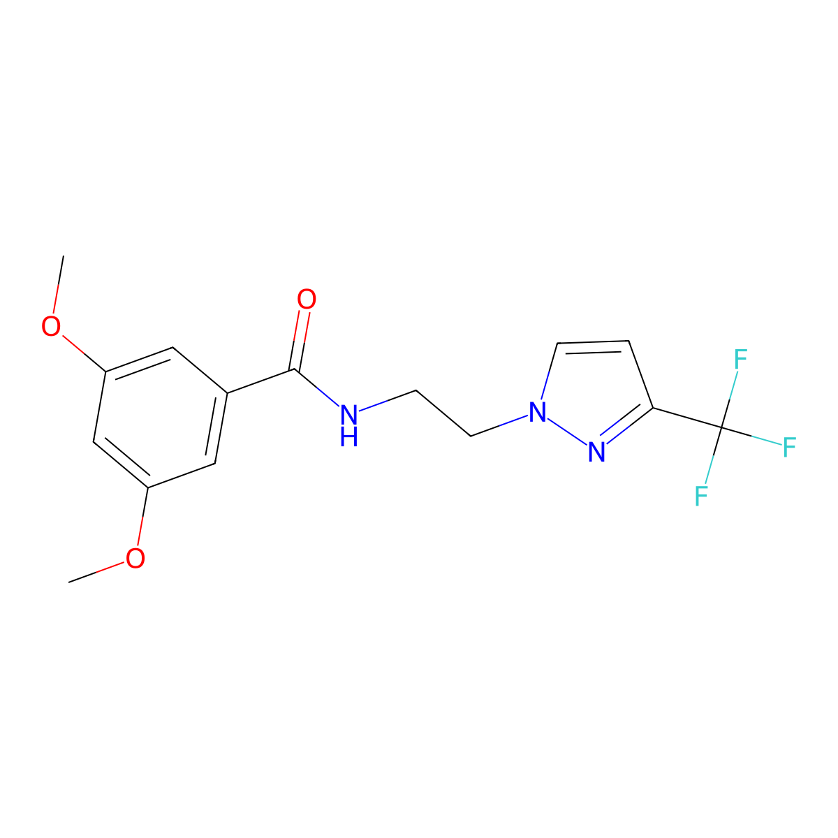 3,5-dimethoxy-N-(2-(3-(trifluoromethyl)-1H-pyrazol-1-yl)ethyl)benzamide molecular structure, CAS 1448126-55-3