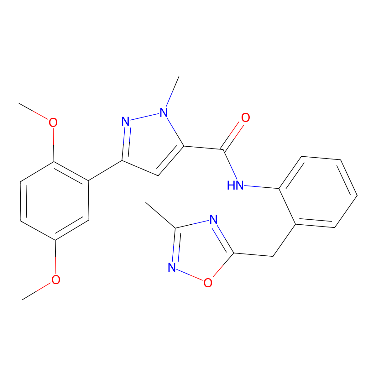 3-(2,5-dimethoxyphenyl)-1-methyl-N-{2-[(3-methyl-1,2,4-oxadiazol-5-yl)methyl]phenyl}-1H-pyrazole-5-carboxamide molecular structure, CAS 1448126-59-7