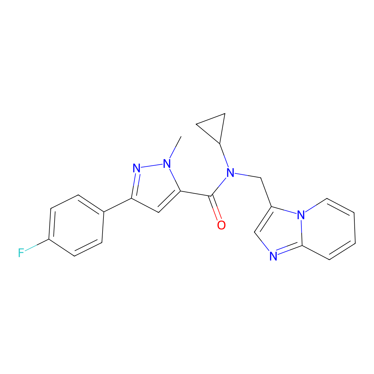 N-cyclopropyl-3-(4-fluorophenyl)-N-({imidazo[1,2-a]pyridin-3-yl}methyl)-1-methyl-1H-pyrazole-5-carboxamide molecular structure, CAS 1448126-60-0