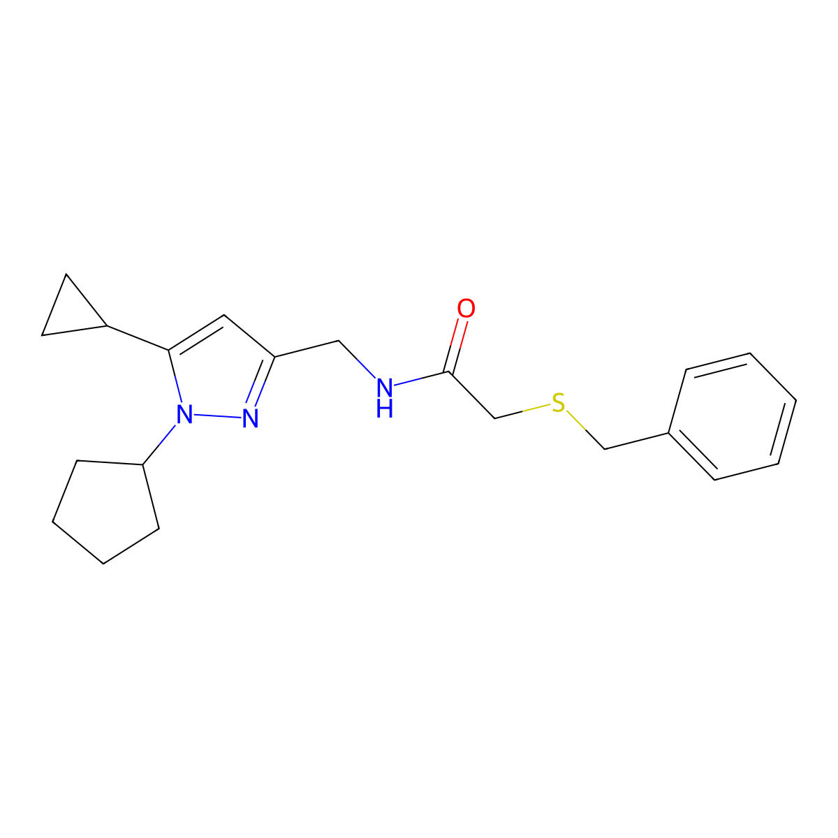 2-(benzylthio)-N-((1-cyclopentyl-5-cyclopropyl-1H-pyrazol-3-yl)methyl)acetamide molecular structure, CAS 1448126-62-2