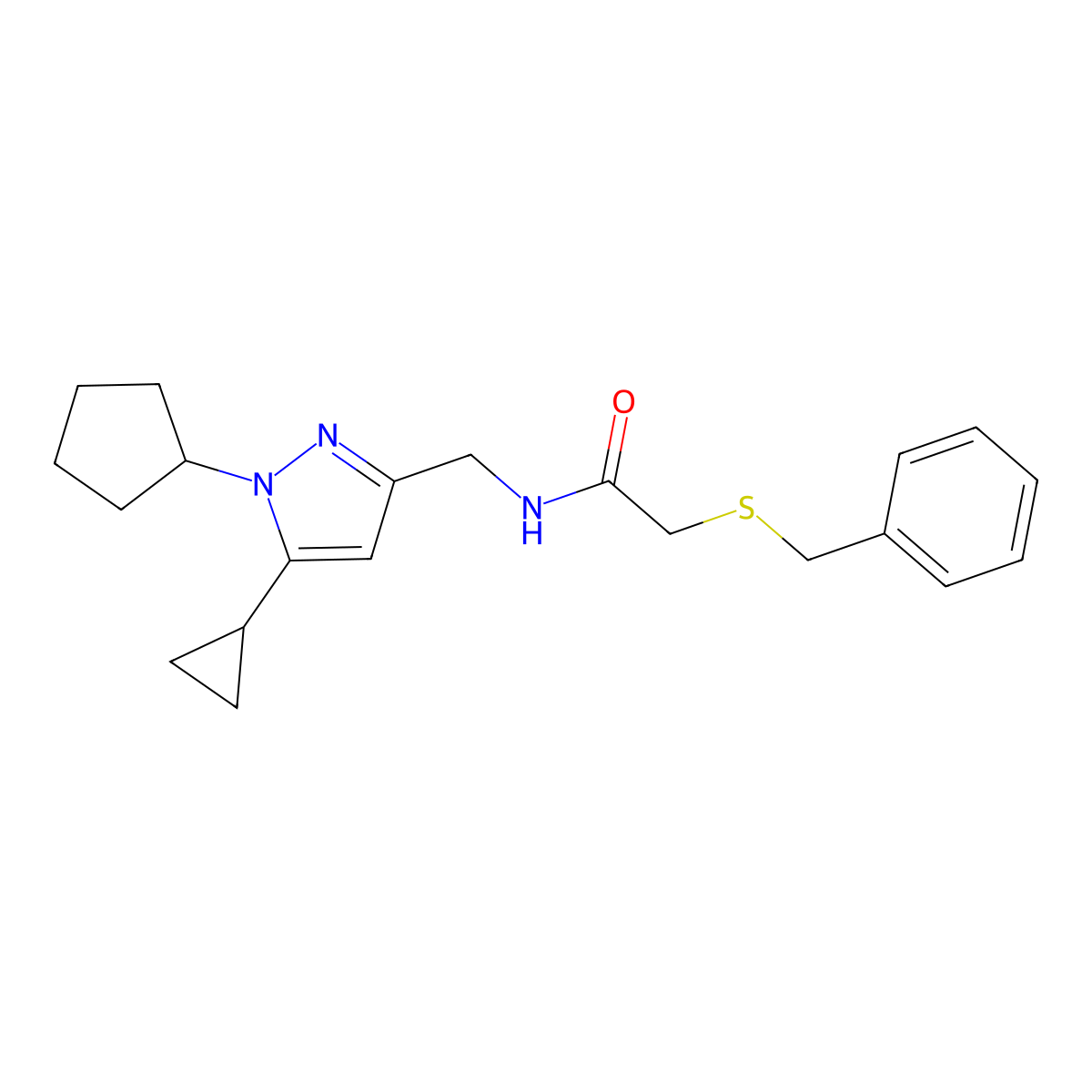 2-(benzylthio)-N-((1-cyclopentyl-5-cyclopropyl-1H-pyrazol-3-yl)methyl)acetamide molecular structure, CAS 1448126-62-2