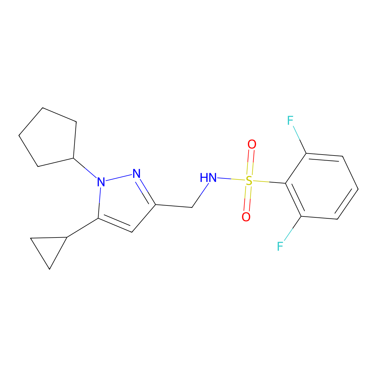 N-((1-cyclopentyl-5-cyclopropyl-1H-pyrazol-3-yl)methyl)-2,6-difluorobenzenesulfonamide molecular structure, CAS 1448127-82-9