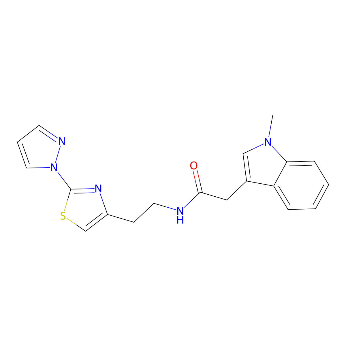 N-(2-(2-(1H-pyrazol-1-yl)thiazol-4-yl)ethyl)-2-(1-methyl-1H-indol-3-yl)acetamide molecular structure, CAS 1448127-83-0