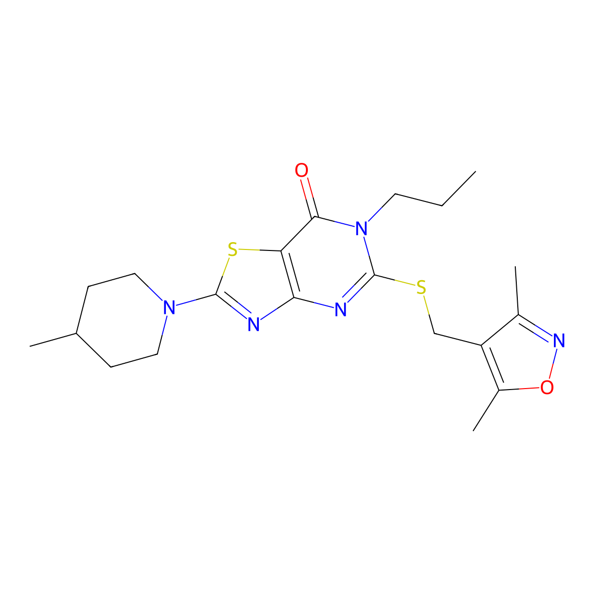 5-(((3,5-dimethylisoxazol-4-yl)methyl)thio)-2-(4-methylpiperidin-1-yl)-6-propylthiazolo[4,5-d]pyrimidin-7(6H)-one molecular structure, CAS 1448127-86-3