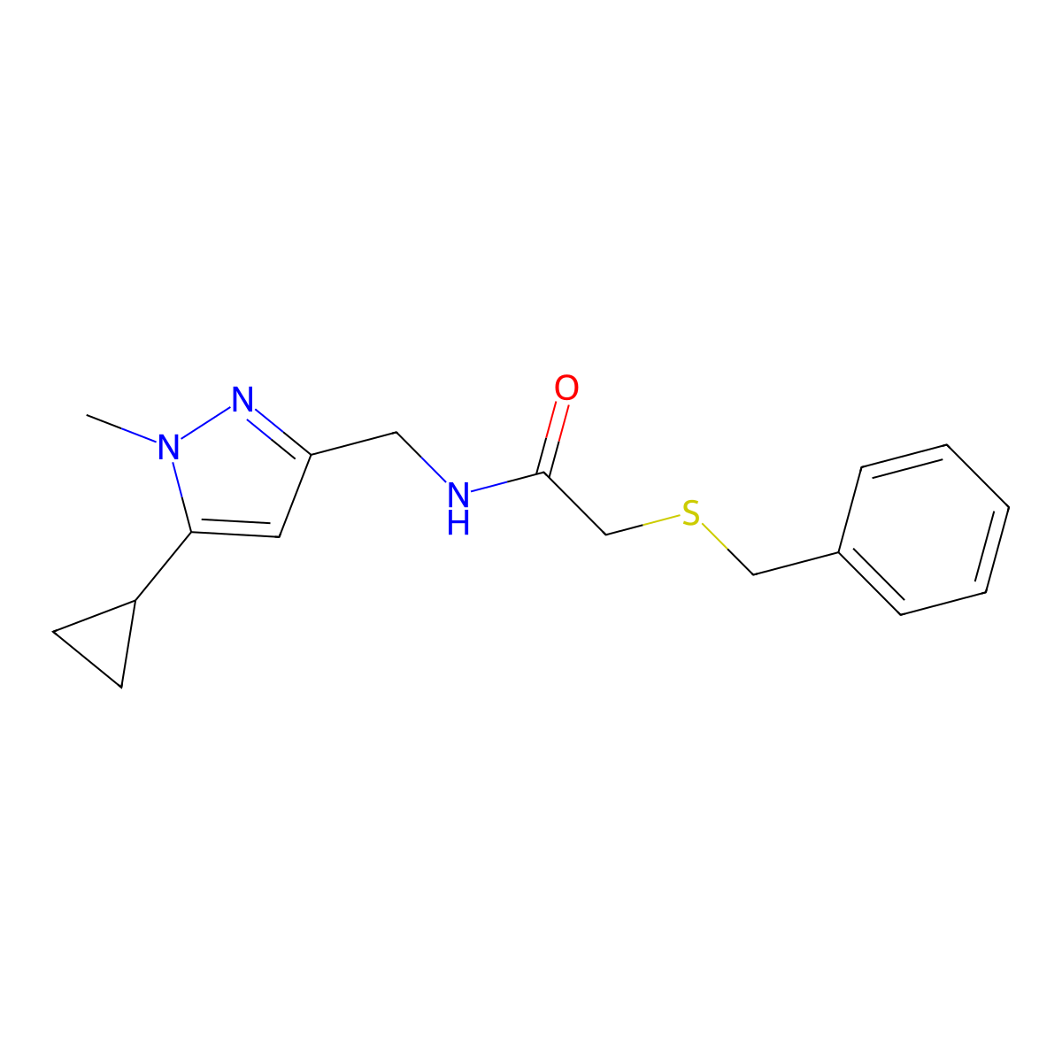 2-(benzylthio)-N-((5-cyclopropyl-1-methyl-1H-pyrazol-3-yl)methyl)acetamide molecular structure, CAS 1448127-96-5