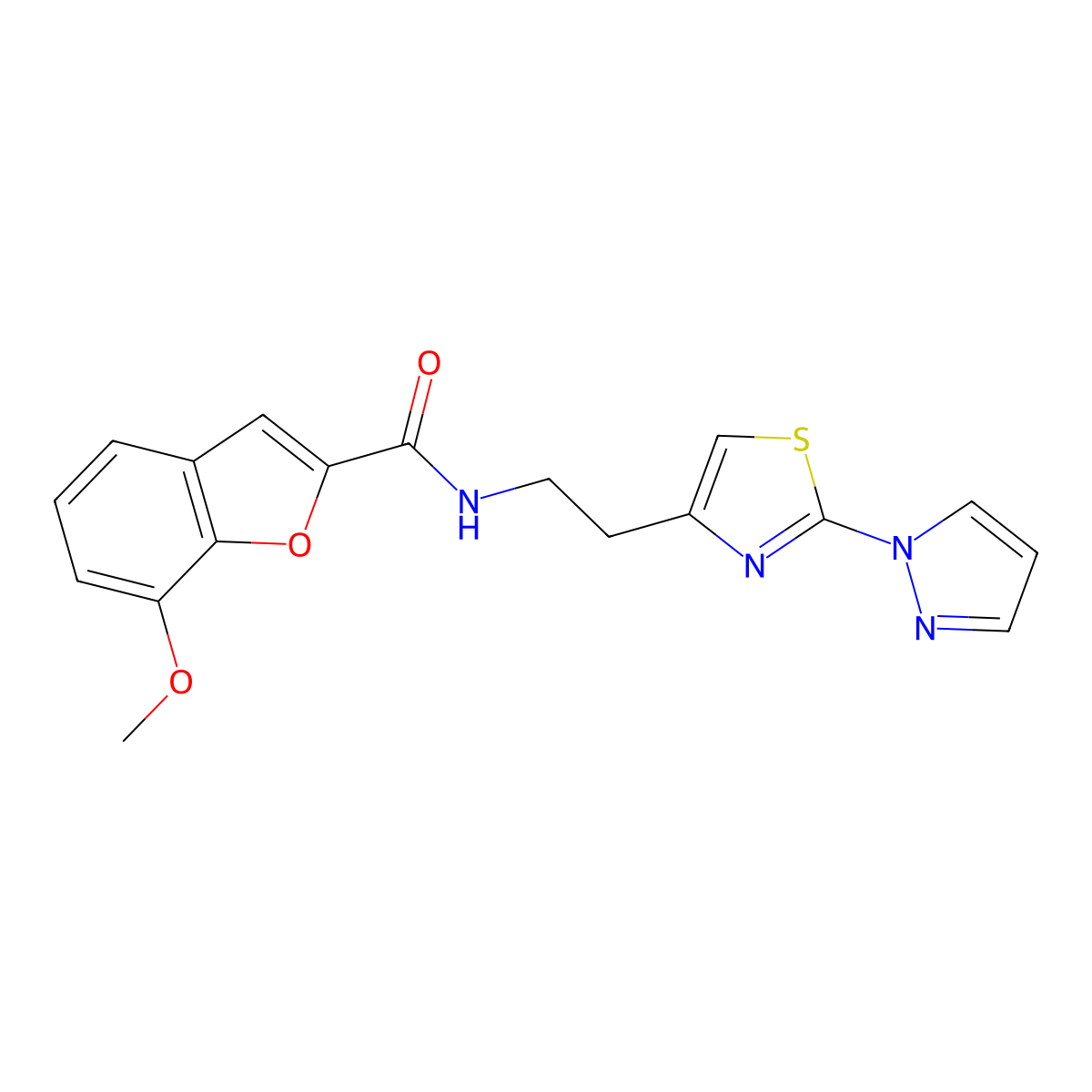 N-(2-(2-(1H-pyrazol-1-yl)thiazol-4-yl)ethyl)-7-methoxybenzofuran-2-carboxamide molecular structure, CAS 1448127-97-6