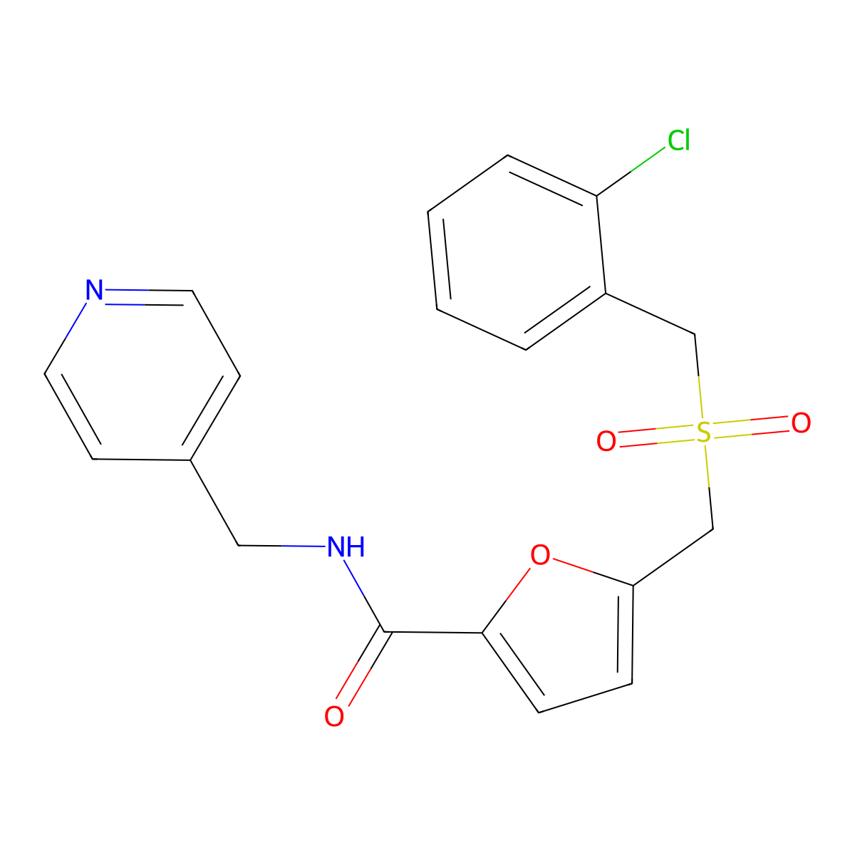 5-(((2-chlorobenzyl)sulfonyl)methyl)-N-(pyridin-4-ylmethyl)furan-2-carboxamide molecular structure, CAS 1448128-00-4