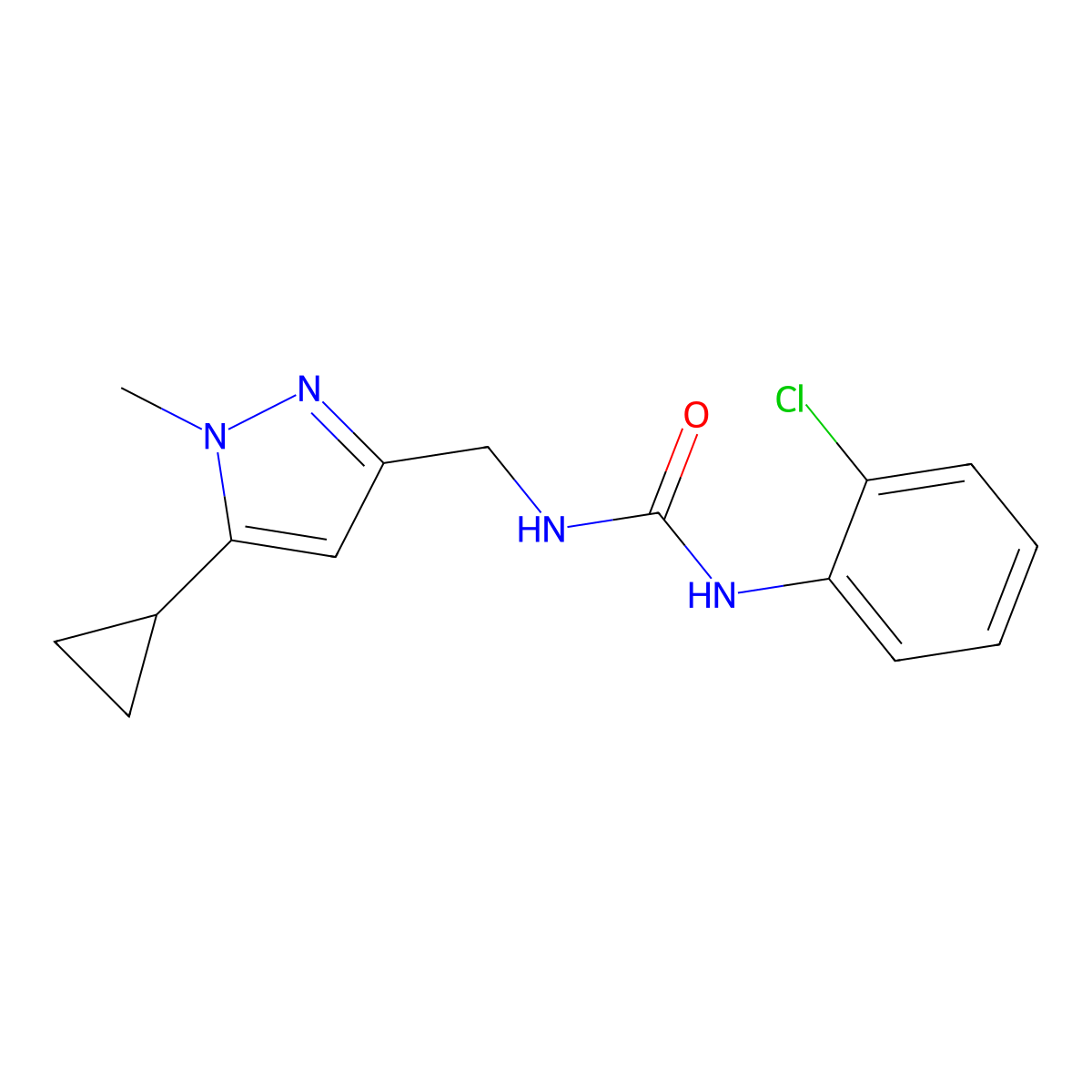 1-(2-chlorophenyl)-3-[(5-cyclopropyl-1-methyl-1H-pyrazol-3-yl)methyl]urea molecular structure, CAS 1448128-02-6