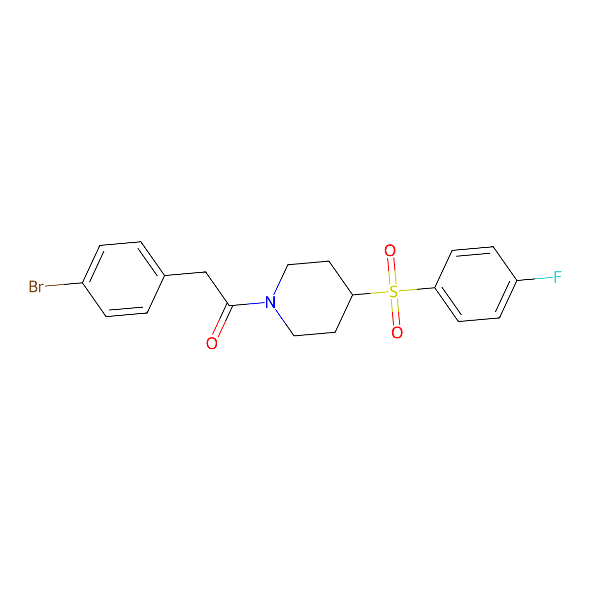2-(4-Bromophenyl)-1-(4-((4-fluorophenyl)sulfonyl)piperidin-1-yl)ethanone molecular structure, CAS 1448128-04-8