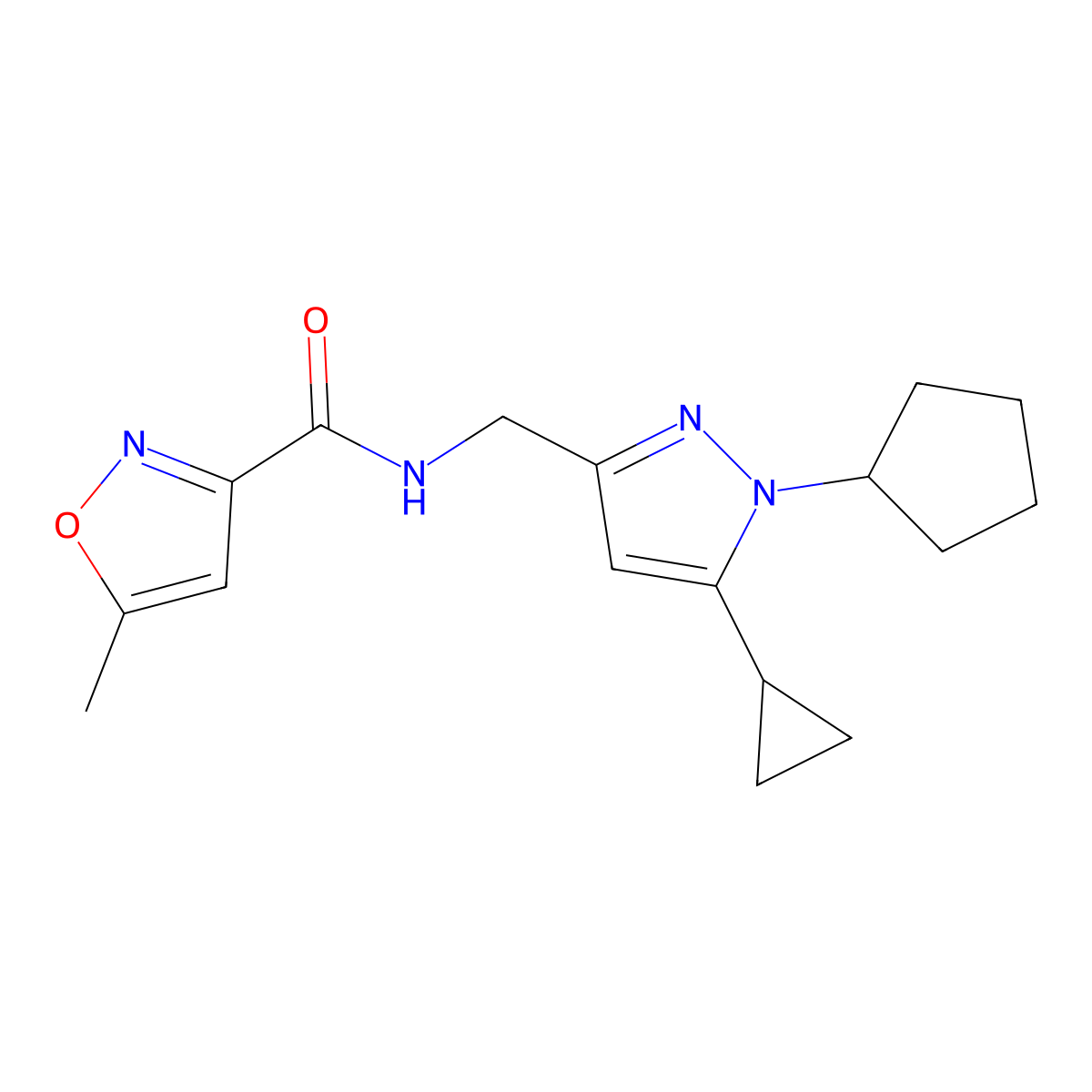 N-((1-cyclopentyl-5-cyclopropyl-1H-pyrazol-3-yl)methyl)-5-methylisoxazole-3-carboxamide molecular structure, CAS 1448128-08-2