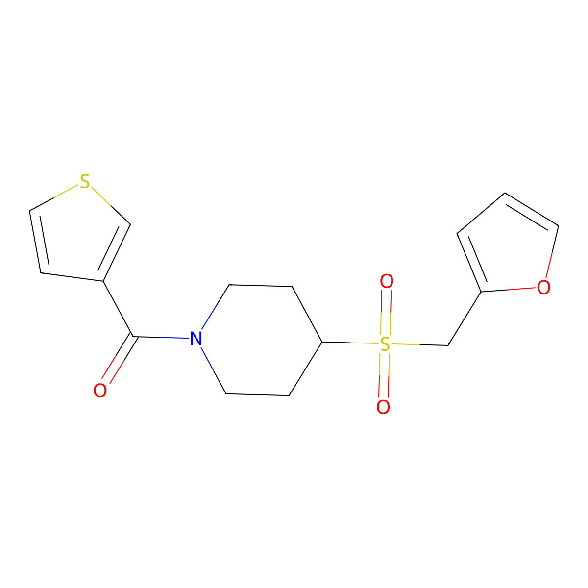 (4-((Furan-2-ylmethyl)sulfonyl)piperidin-1-yl)(thiophen-3-yl)methanone molecular structure, CAS 1448128-09-3