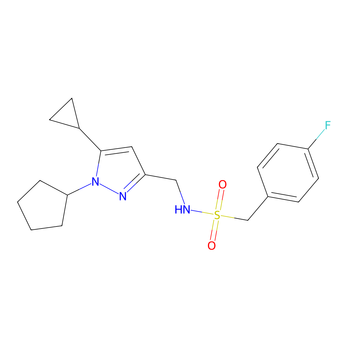 N-[(1-cyclopentyl-5-cyclopropyl-1H-pyrazol-3-yl)methyl]-1-(4-fluorophenyl)methanesulfonamide molecular structure, CAS 1448128-18-4