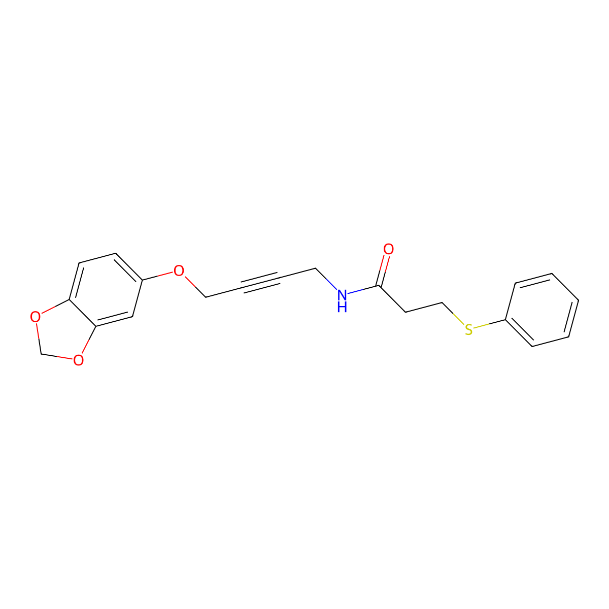 N-(4-(benzo[d][1,3]dioxol-5-yloxy)but-2-yn-1-yl)-3-(phenylthio)propanamide molecular structure, CAS 1448128-19-5