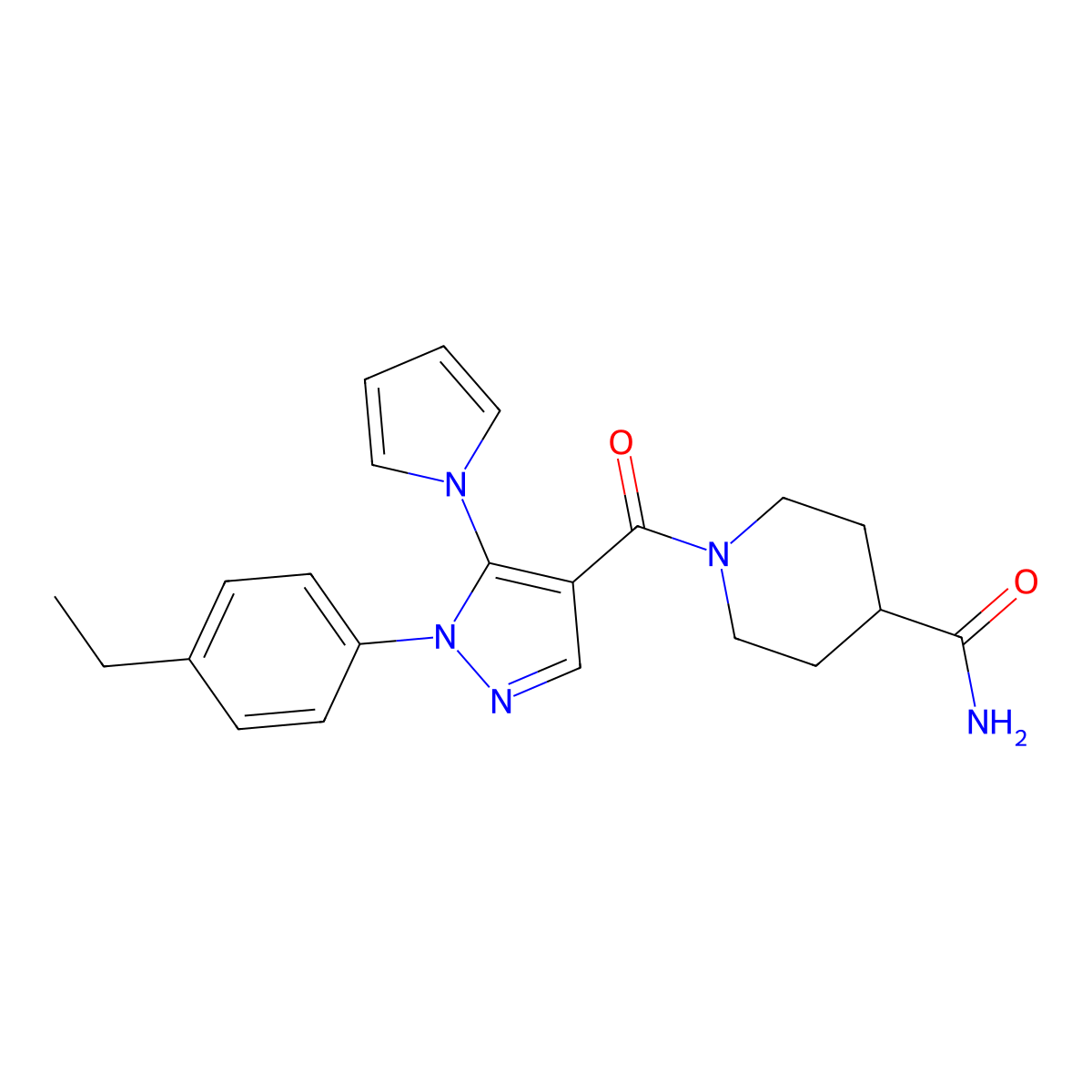 1-[1-(4-ethylphenyl)-5-(1H-pyrrol-1-yl)-1H-pyrazole-4-carbonyl]piperidine-4-carboxamide molecular structure, CAS 1448128-30-0
