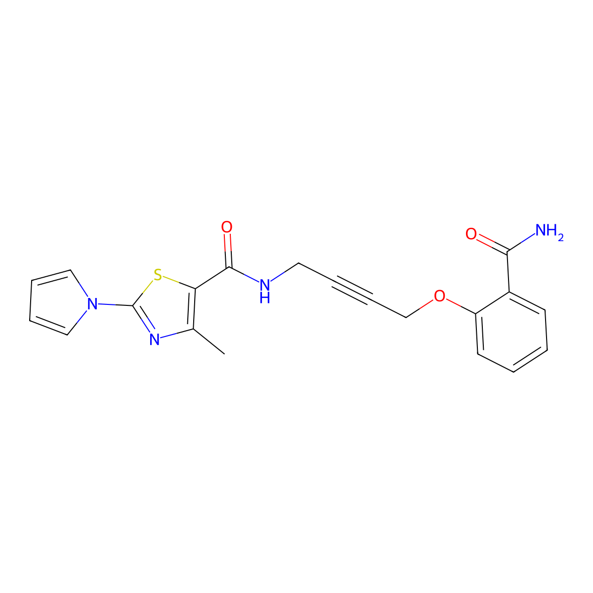 N-(4-(2-carbamoylphenoxy)but-2-yn-1-yl)-4-methyl-2-(1H-pyrrol-1-yl)thiazole-5-carboxamide molecular structure, CAS 1448128-31-1
