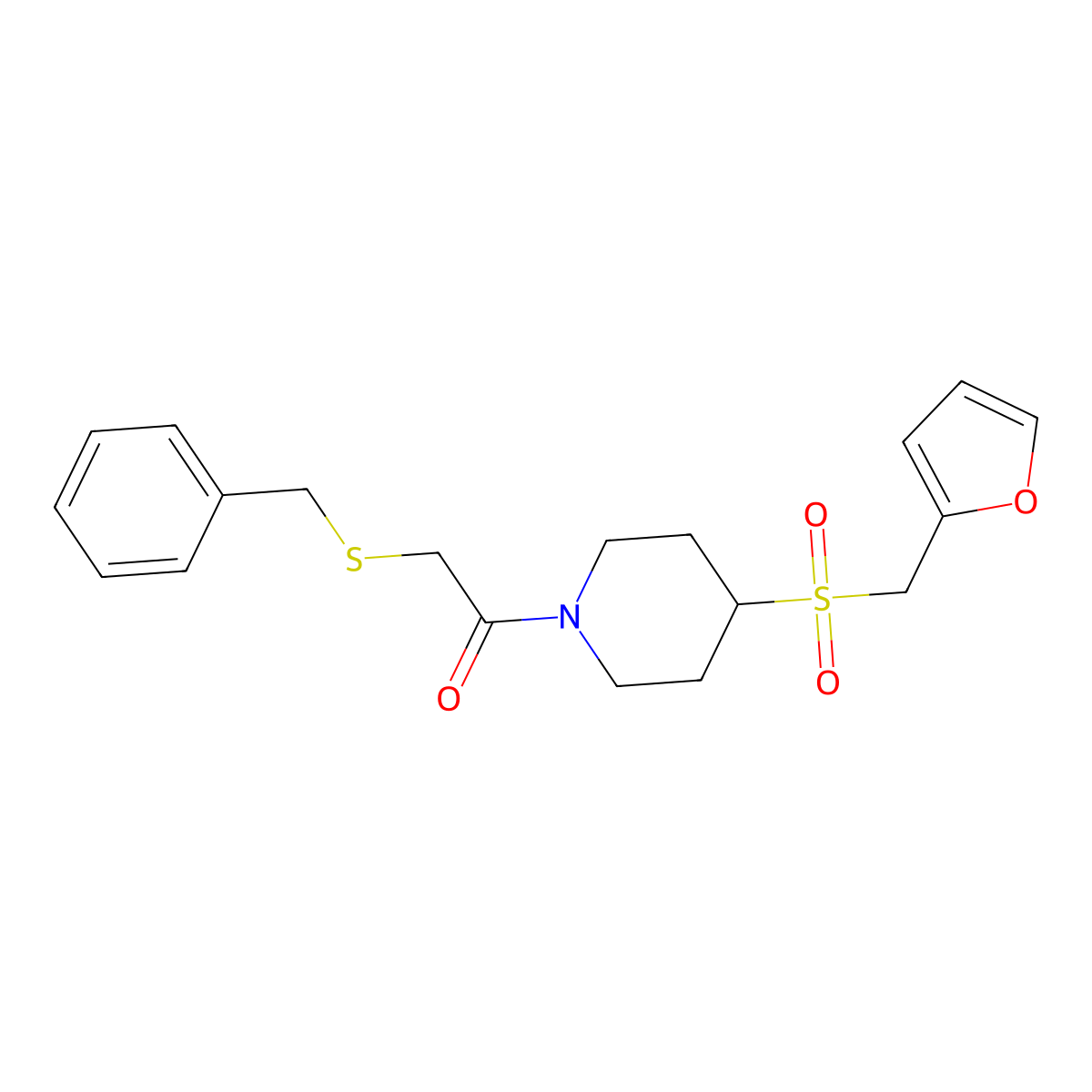 2-(Benzylthio)-1-(4-((furan-2-ylmethyl)sulfonyl)piperidin-1-yl)ethanone molecular structure, CAS 1448128-48-0