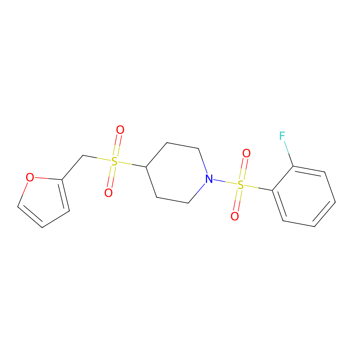1-((2-Fluorophenyl)sulfonyl)-4-((furan-2-ylmethyl)sulfonyl)piperidine molecular structure, CAS 1448128-57-1