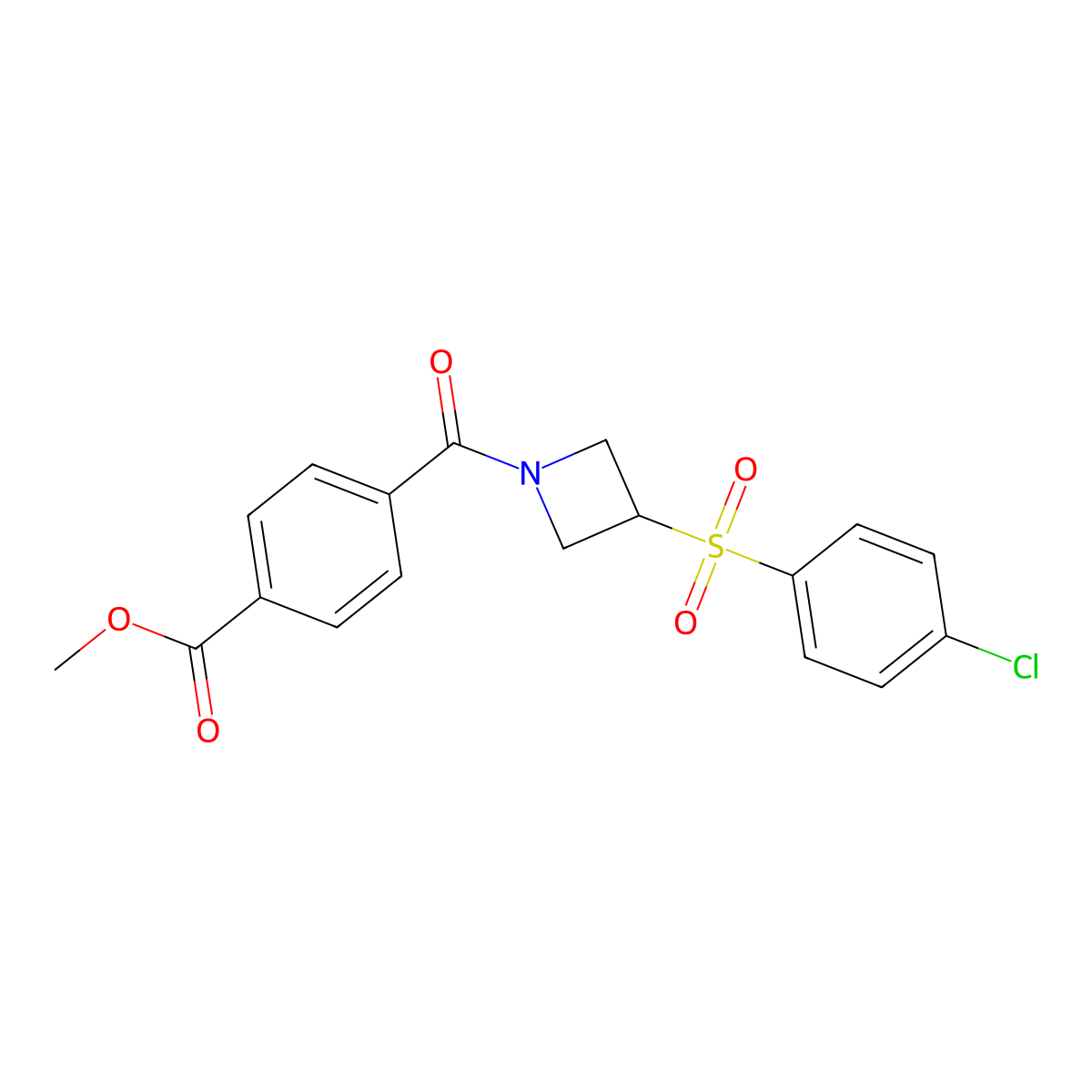 Methyl 4-(3-((4-chlorophenyl)sulfonyl)azetidine-1-carbonyl)benzoate molecular structure, CAS 1448129-06-3