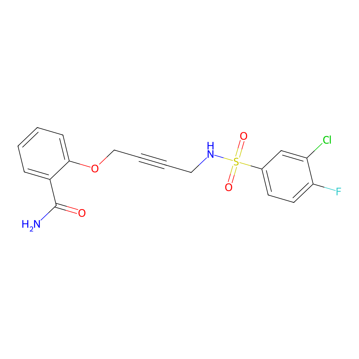 2-((4-(3-Chloro-4-fluorophenylsulfonamido)but-2-yn-1-yl)oxy)benzamide molecular structure, CAS 1448129-19-8