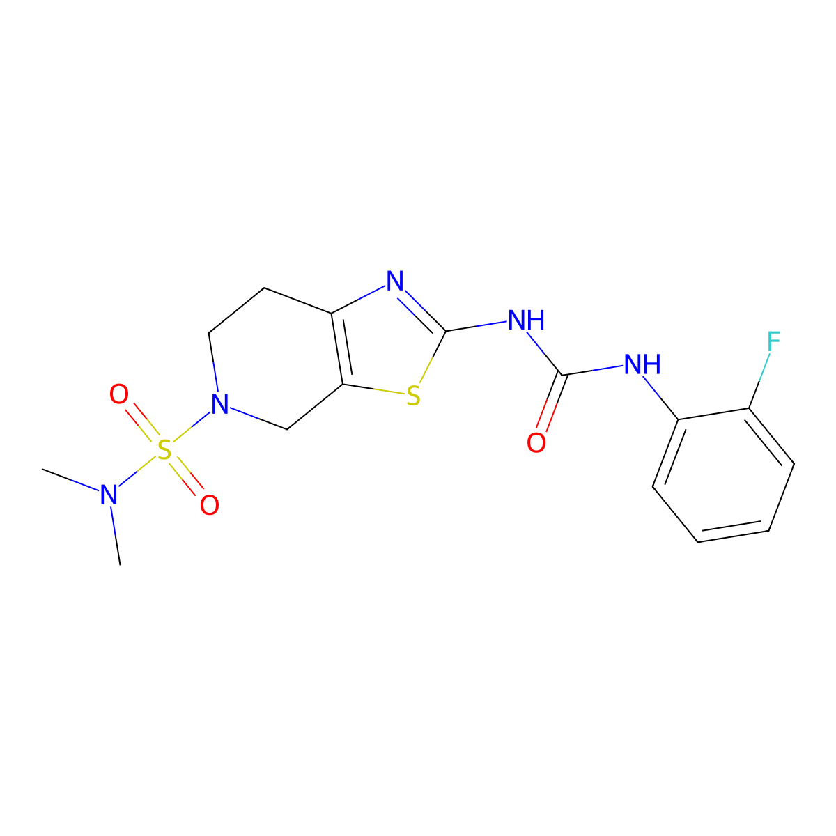 2-(3-(2-fluorophenyl)ureido)-N,N-dimethyl-6,7-dihydrothiazolo[5,4-c]pyridine-5(4H)-sulfonamide molecular structure, CAS 1448129-22-3