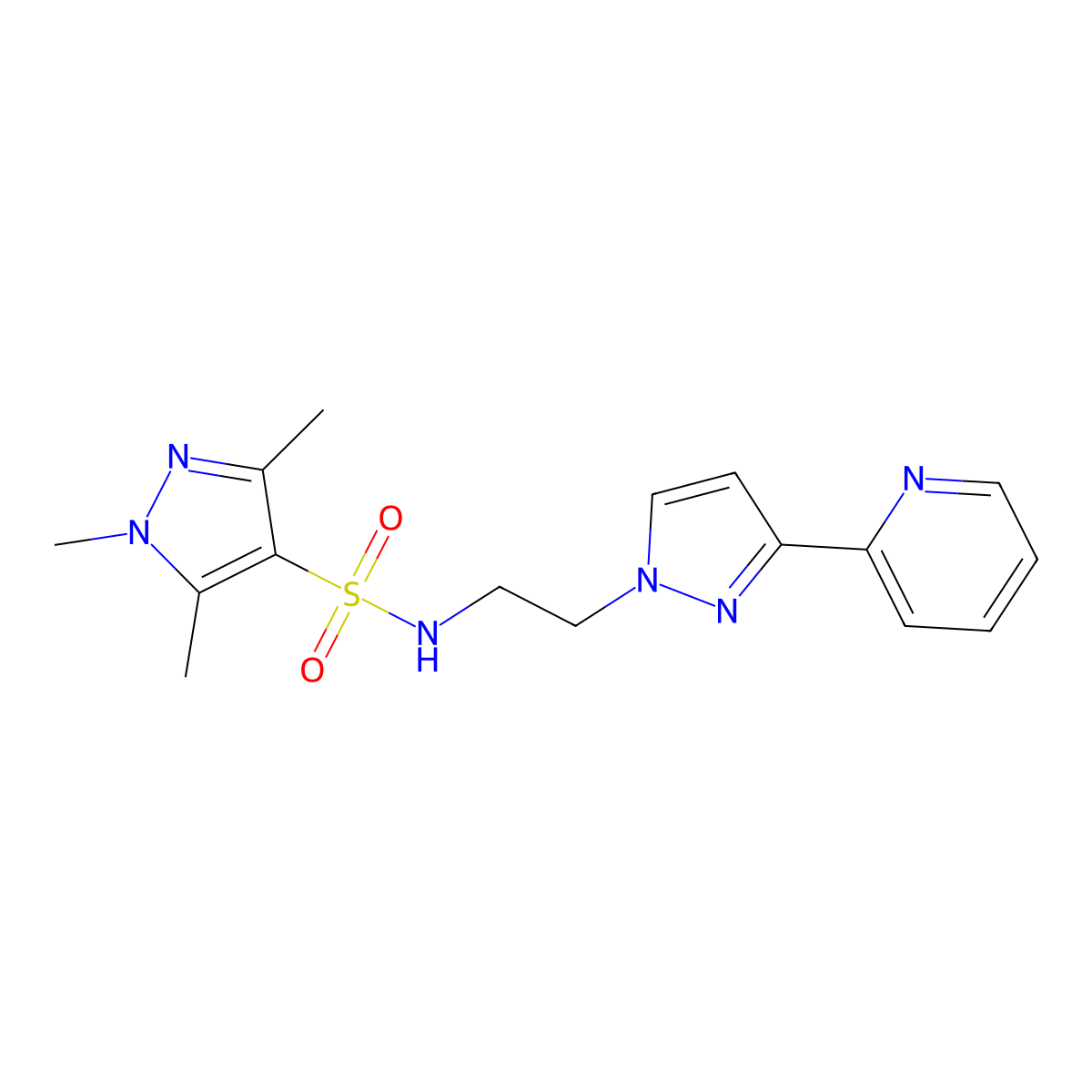 1,3,5-trimethyl-N-(2-(3-(pyridin-2-yl)-1H-pyrazol-1-yl)ethyl)-1H-pyrazole-4-sulfonamide molecular structure, CAS 1448129-59-6