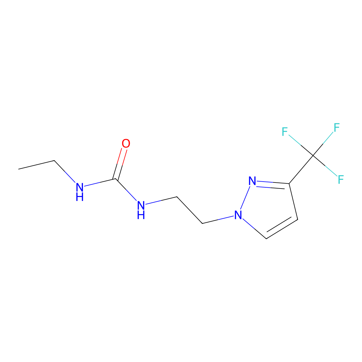 1-ethyl-3-(2-(3-(trifluoromethyl)-1H-pyrazol-1-yl)ethyl)urea molecular structure, CAS 1448129-71-2