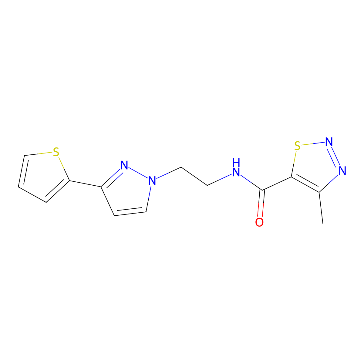 4-methyl-N-{2-[3-(thiophen-2-yl)-1H-pyrazol-1-yl]ethyl}-1,2,3-thiadiazole-5-carboxamide molecular structure, CAS 1448129-78-9