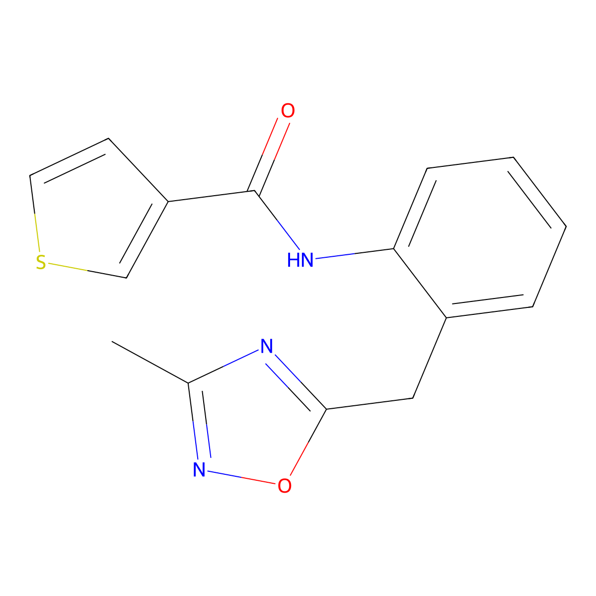 N-(2-((3-methyl-1,2,4-oxadiazol-5-yl)methyl)phenyl)thiophene-3-carboxamide molecular structure, CAS 1448129-85-8