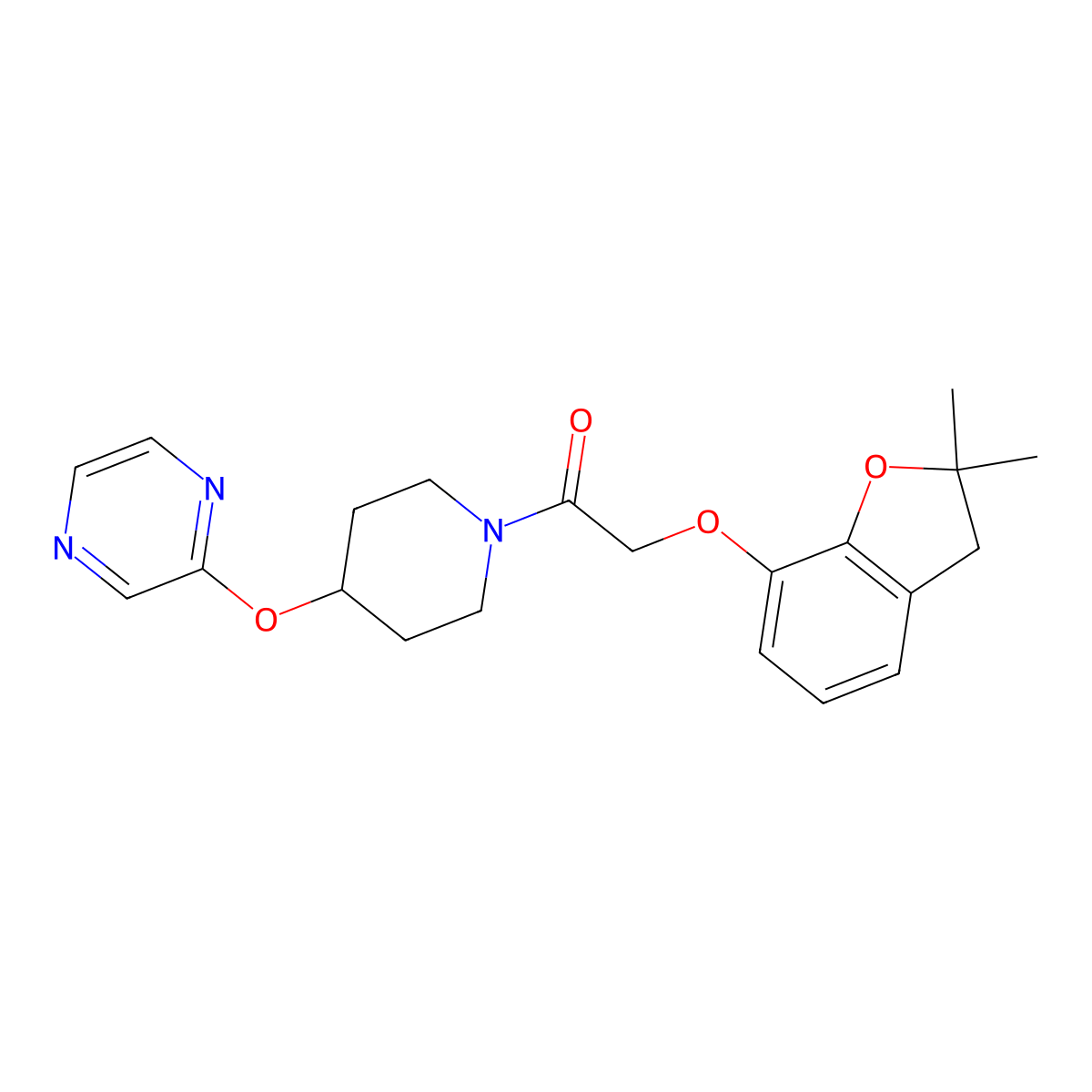 2-((2,2-Dimethyl-2,3-dihydrobenzofuran-7-yl)oxy)-1-(4-(pyrazin-2-yloxy)piperidin-1-yl)ethanone molecular structure, CAS 1448129-92-7