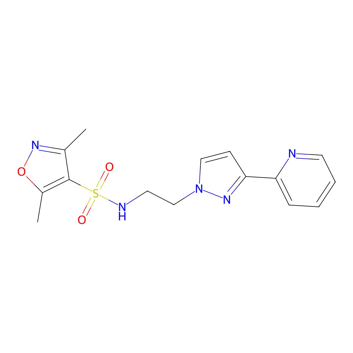 3,5-dimethyl-N-(2-(3-(pyridin-2-yl)-1H-pyrazol-1-yl)ethyl)isoxazole-4-sulfonamide molecular structure, CAS 1448130-04-8