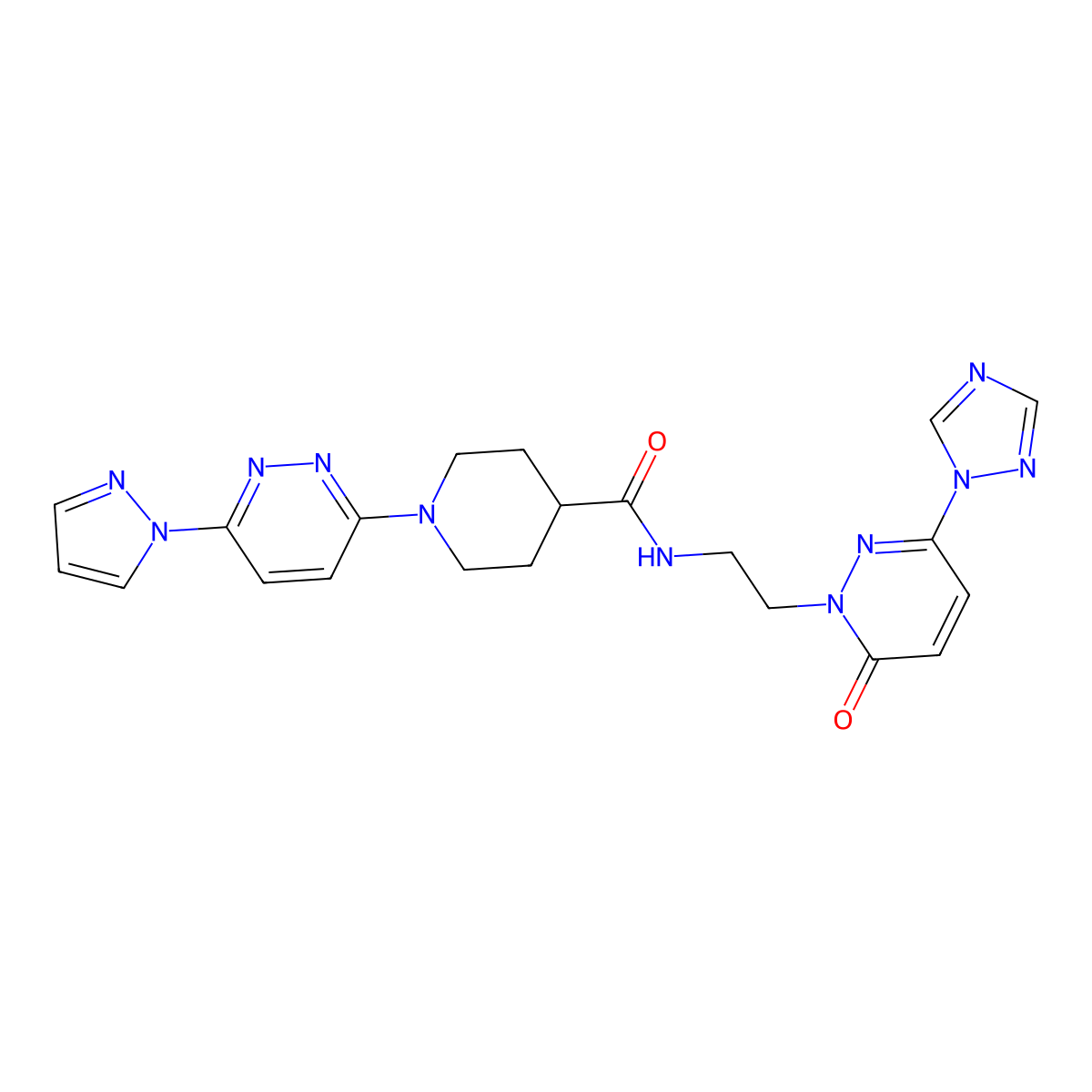 1-(6-(1H-pyrazol-1-yl)pyridazin-3-yl)-N-(2-(6-oxo-3-(1H-1,2,4-triazol-1-yl)pyridazin-1(6H)-yl)ethyl)piperidine-4-carboxamide molecular structure, CAS 1448130-14-0
