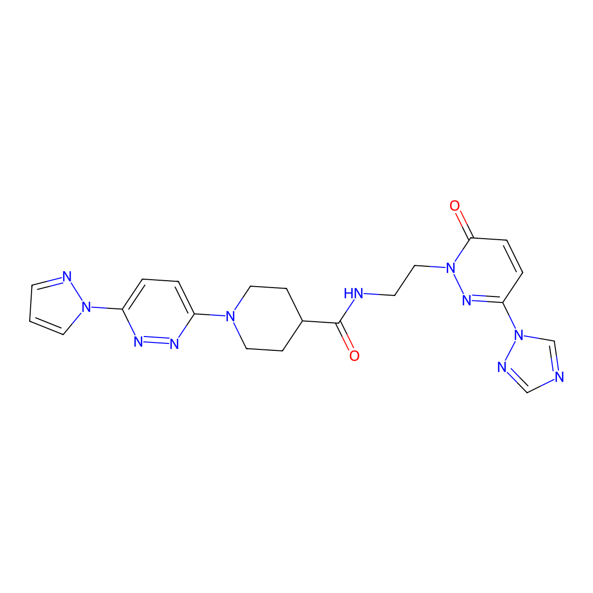 1-(6-(1H-pyrazol-1-yl)pyridazin-3-yl)-N-(2-(6-oxo-3-(1H-1,2,4-triazol-1-yl)pyridazin-1(6H)-yl)ethyl)piperidine-4-carboxamide molecular structure, CAS 1448130-14-0