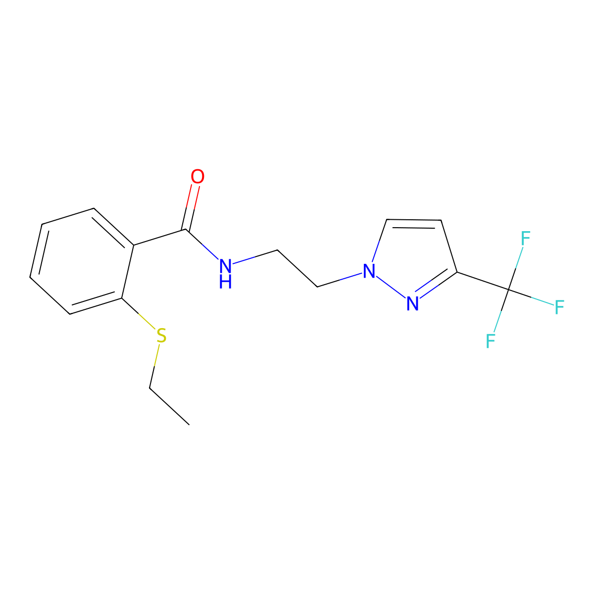 2-(ethylthio)-N-(2-(3-(trifluoromethyl)-1H-pyrazol-1-yl)ethyl)benzamide molecular structure, CAS 1448130-16-2