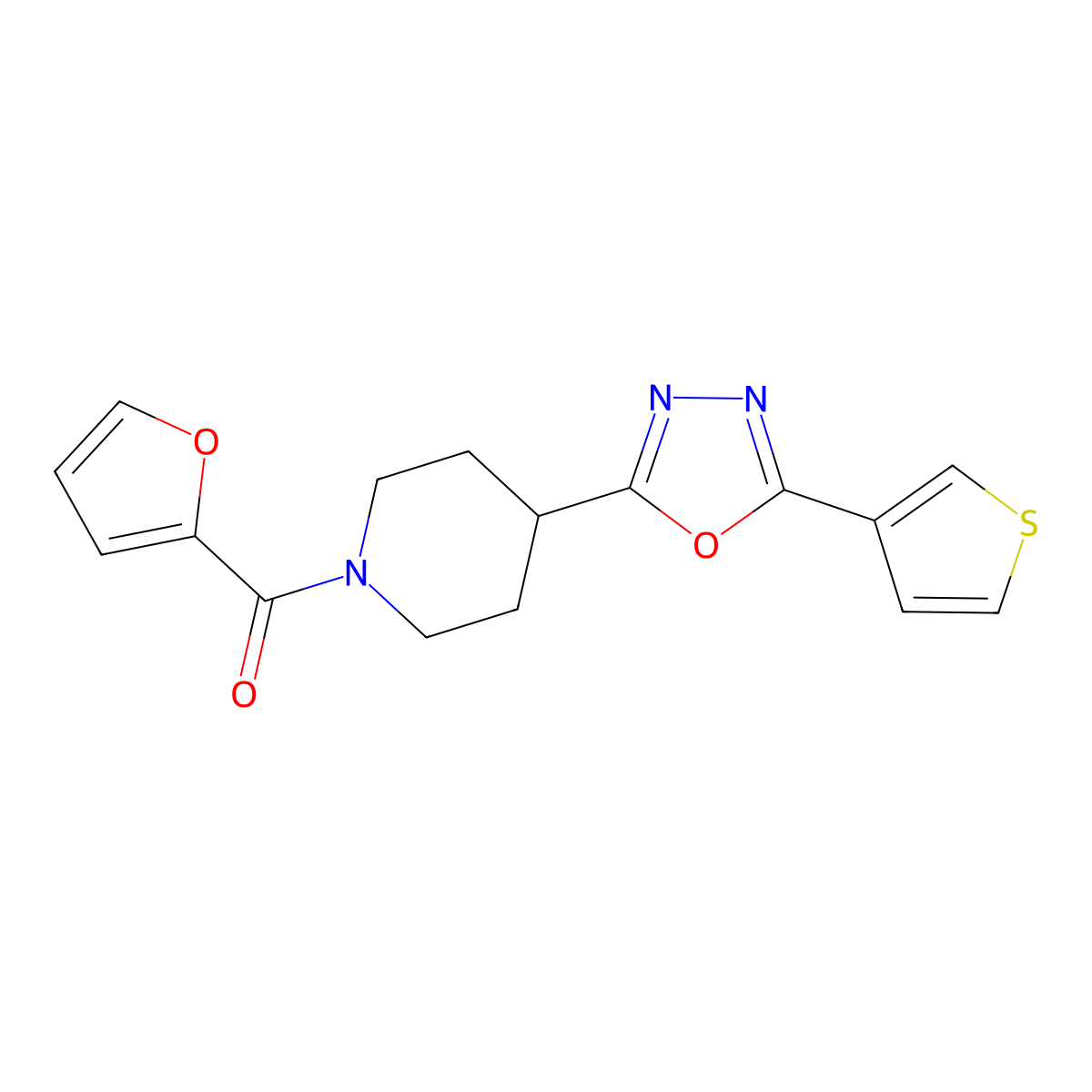 Furan-2-yl(4-(5-(thiophen-3-yl)-1,3,4-oxadiazol-2-yl)piperidin-1-yl)methanone molecular structure, CAS 1448130-19-5
