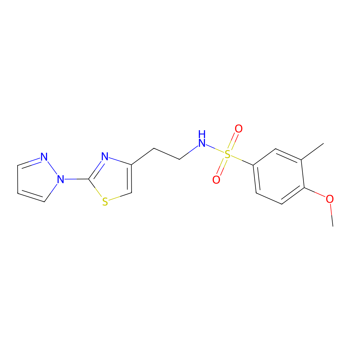 N-(2-(2-(1H-pyrazol-1-yl)thiazol-4-yl)ethyl)-4-methoxy-3-methylbenzenesulfonamide molecular structure, CAS 1448130-26-4