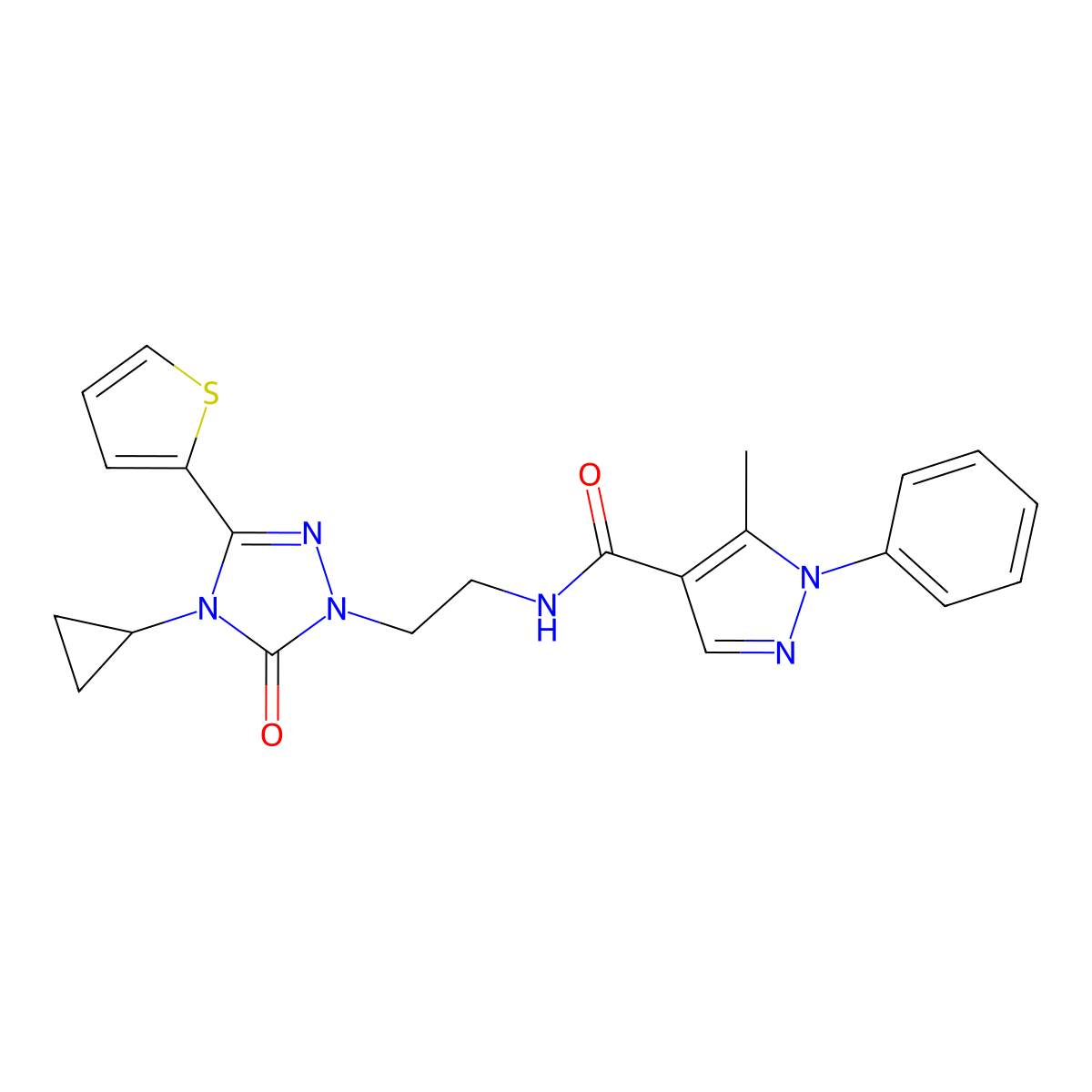 N-(2-(4-cyclopropyl-5-oxo-3-(thiophen-2-yl)-4,5-dihydro-1H-1,2,4-triazol-1-yl)ethyl)-5-methyl-1-phenyl-1H-pyrazole-4-carboxamide molecular structure, CAS 1448130-30-0