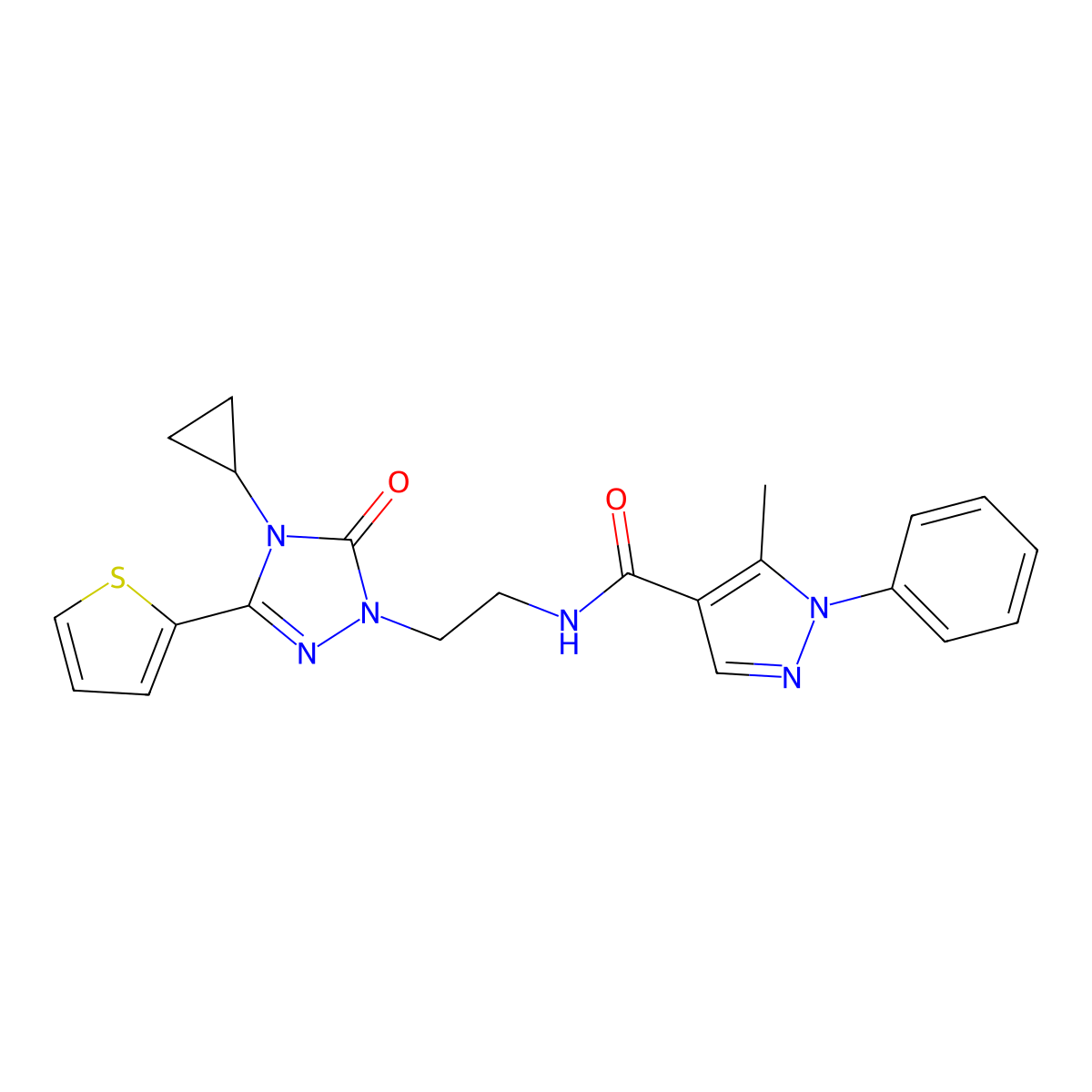 N-(2-(4-cyclopropyl-5-oxo-3-(thiophen-2-yl)-4,5-dihydro-1H-1,2,4-triazol-1-yl)ethyl)-5-methyl-1-phenyl-1H-pyrazole-4-carboxamide molecular structure, CAS 1448130-30-0