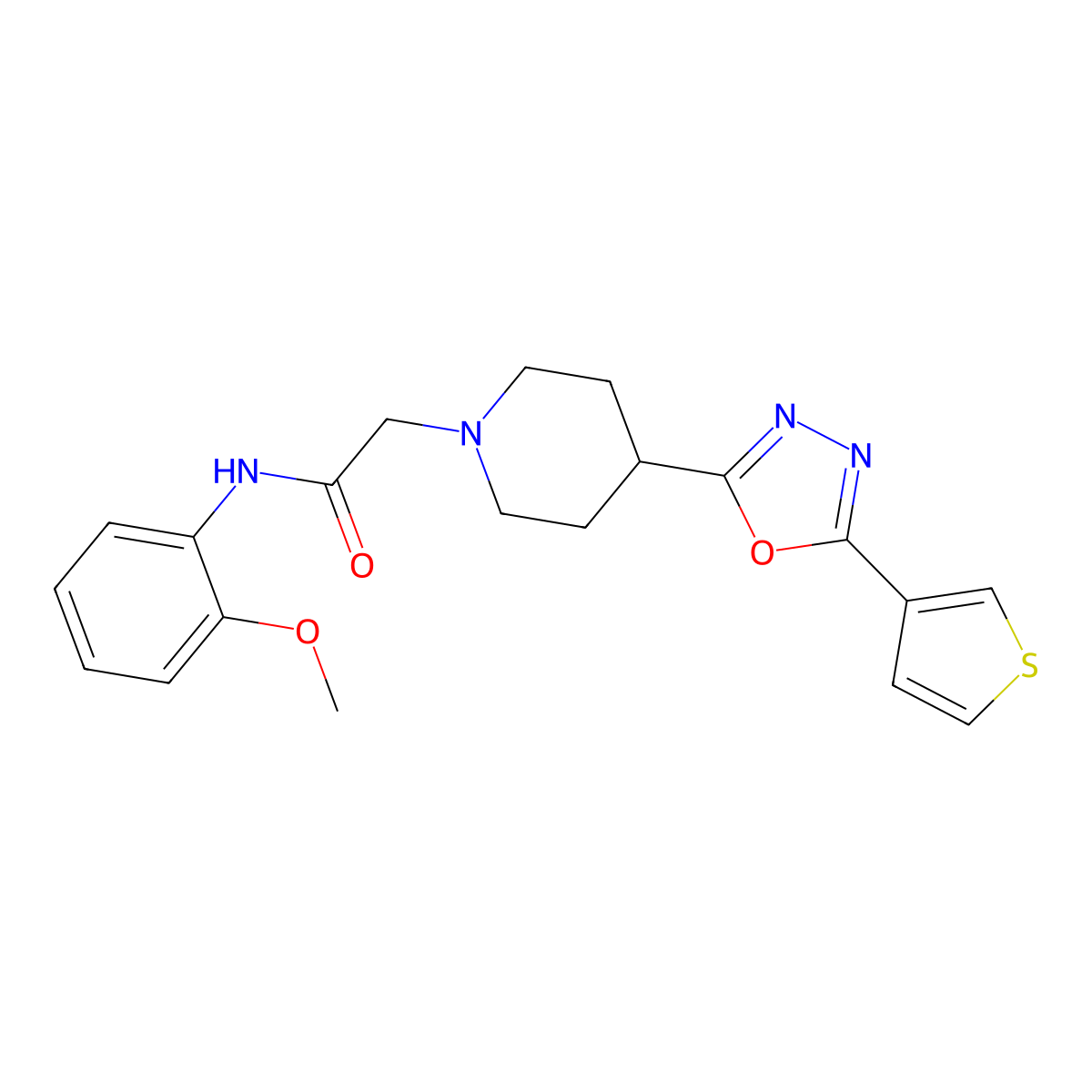 N-(2-Methoxyphenyl)-2-{4-[5-(thiophen-3-YL)-1,3,4-oxadiazol-2-YL]piperidin-1-YL}acetamide molecular structure, CAS 1448130-44-6