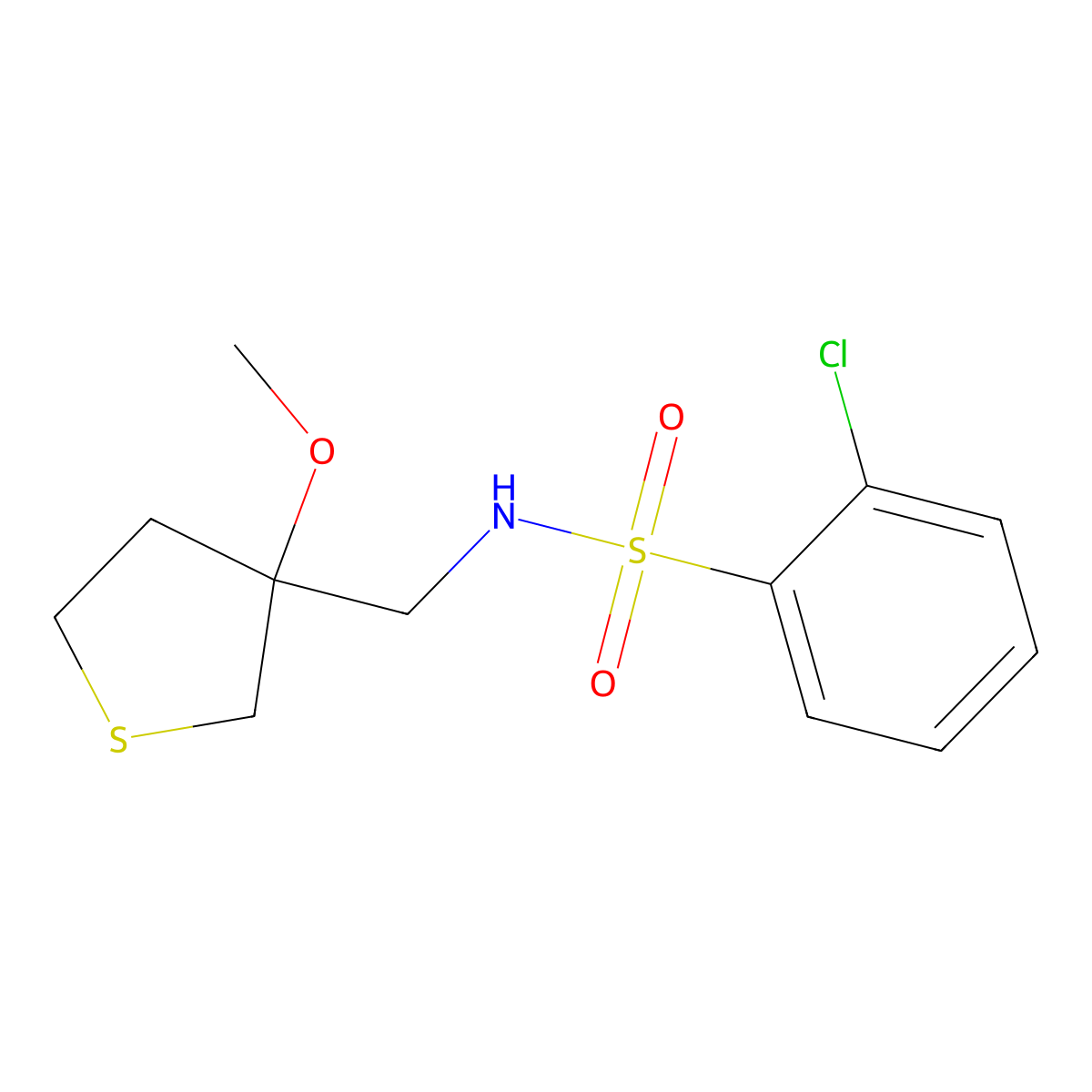 2-chloro-N-((3-methoxytetrahydrothiophen-3-yl)methyl)benzenesulfonamide molecular structure, CAS 1448130-47-9