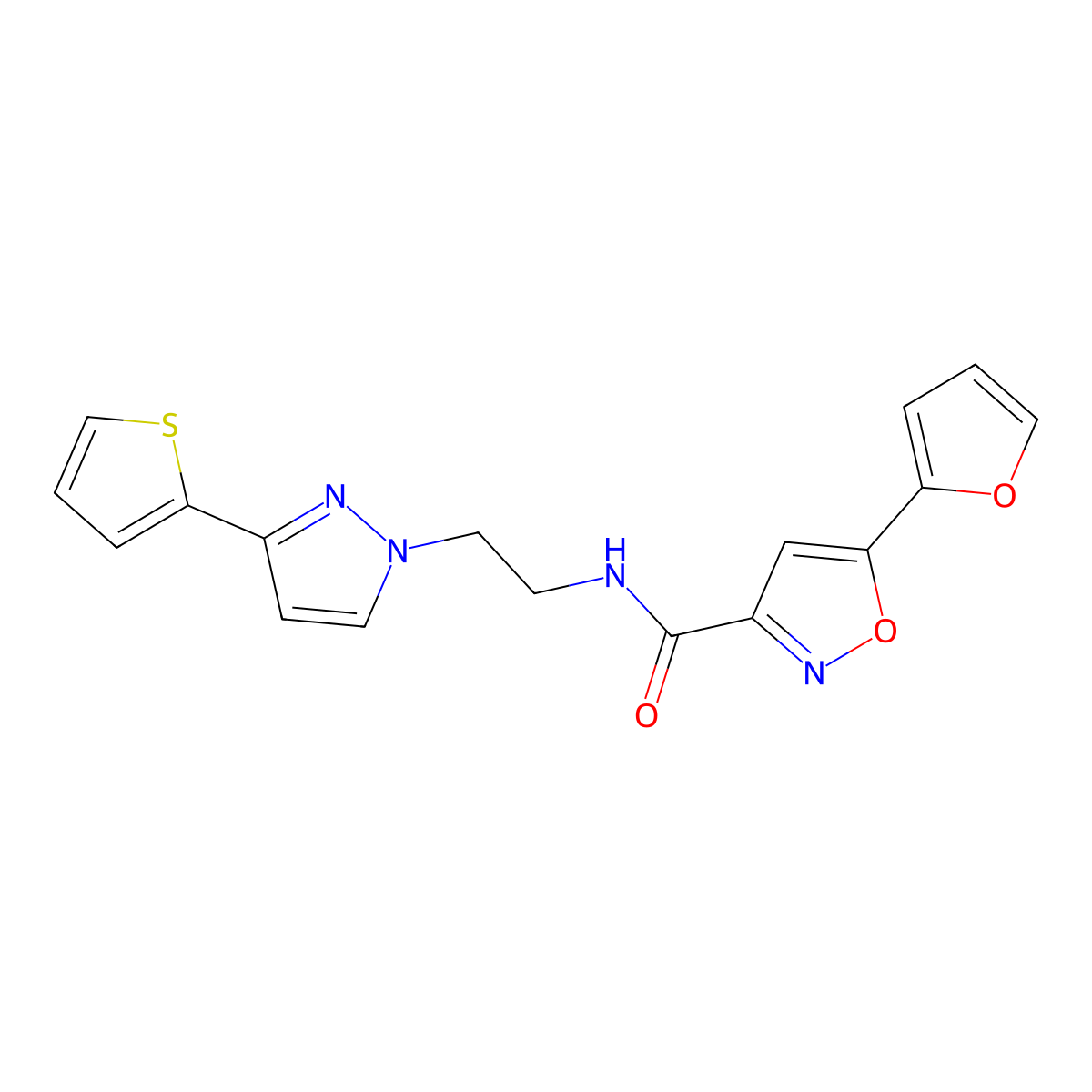 5-(furan-2-yl)-N-(2-(3-(thiophen-2-yl)-1H-pyrazol-1-yl)ethyl)isoxazole-3-carboxamide molecular structure, CAS 1448130-48-0