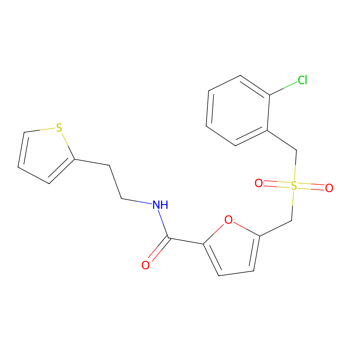 5-(((2-chlorobenzyl)sulfonyl)methyl)-N-(2-(thiophen-2-yl)ethyl)furan-2-carboxamide molecular structure, CAS 1448130-49-1