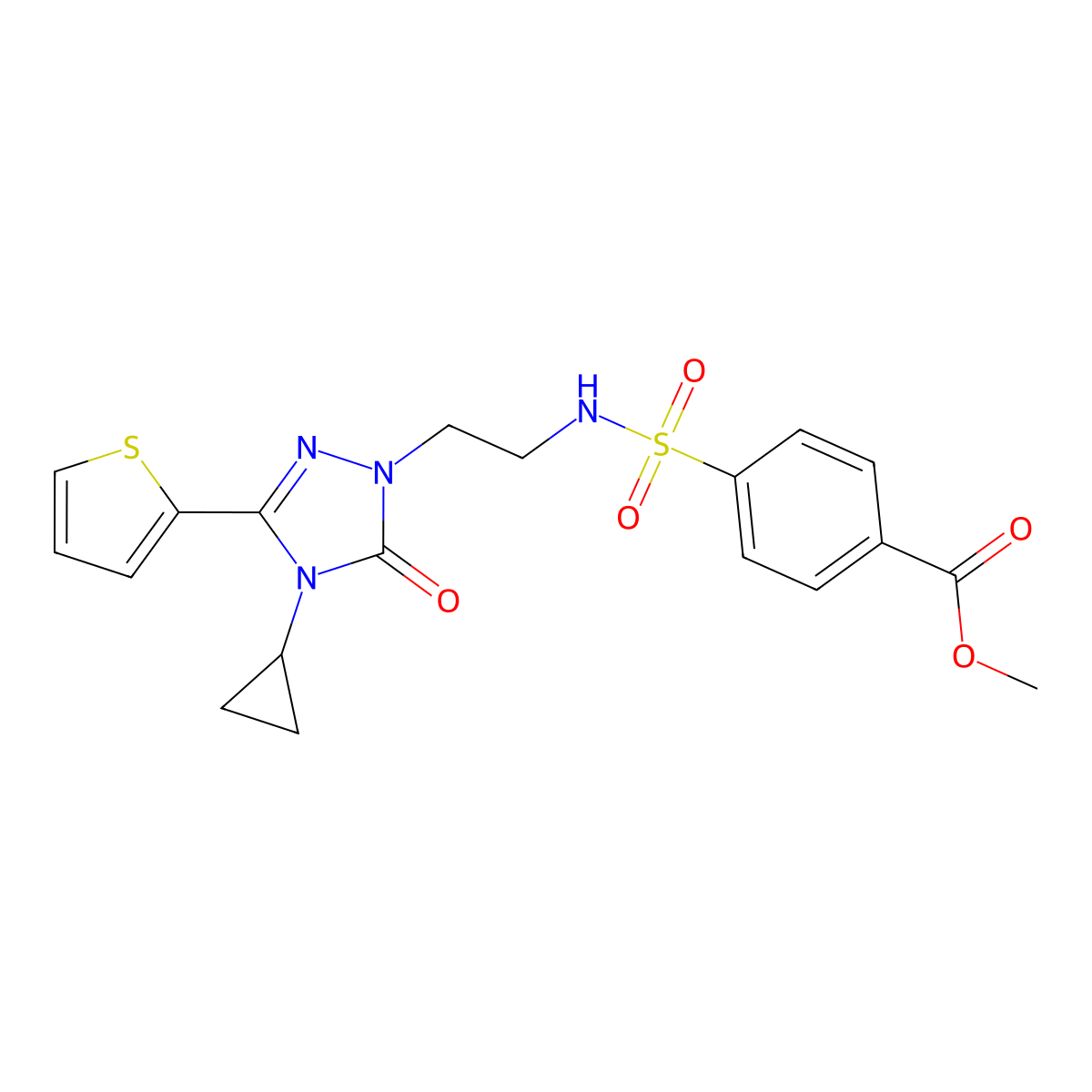 methyl 4-(N-(2-(4-cyclopropyl-5-oxo-3-(thiophen-2-yl)-4,5-dihydro-1H-1,2,4-triazol-1-yl)ethyl)sulfamoyl)benzoate molecular structure, CAS 1448130-58-2