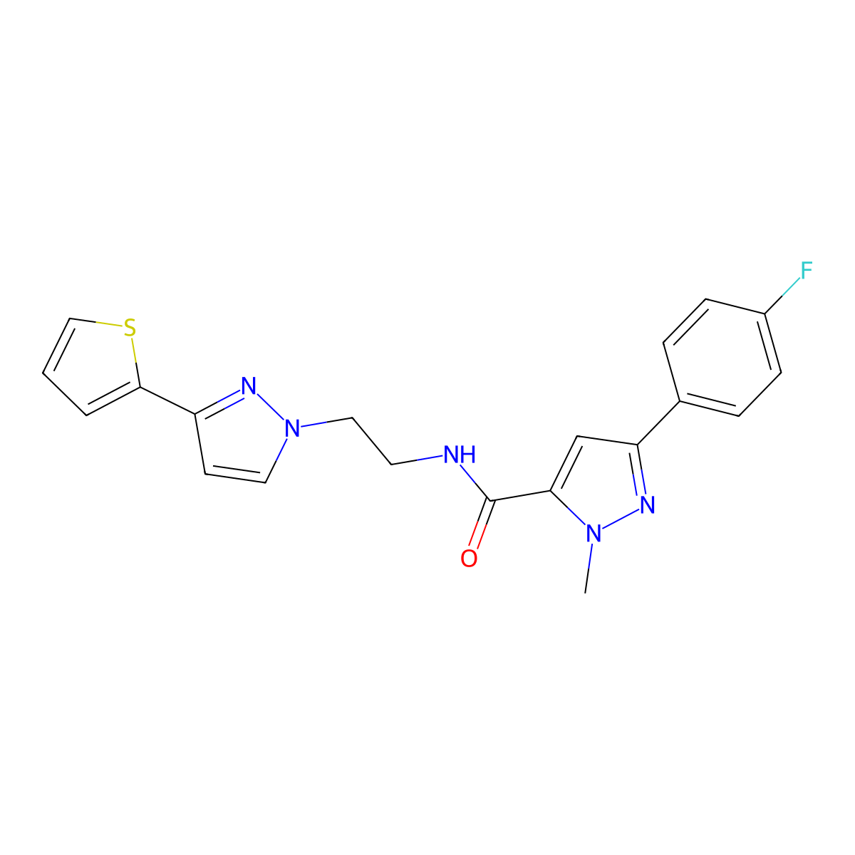3-(4-fluorophenyl)-1-methyl-N-(2-(3-(thiophen-2-yl)-1H-pyrazol-1-yl)ethyl)-1H-pyrazole-5-carboxamide molecular structure, CAS 1448130-59-3