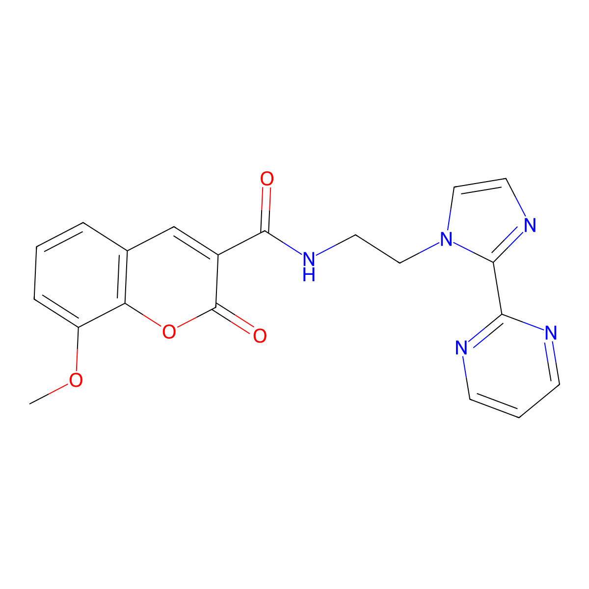 8-methoxy-2-oxo-N-{2-[2-(pyrimidin-2-yl)-1H-imidazol-1-yl]ethyl}-2H-chromene-3-carboxamide molecular structure, CAS 1448130-64-0