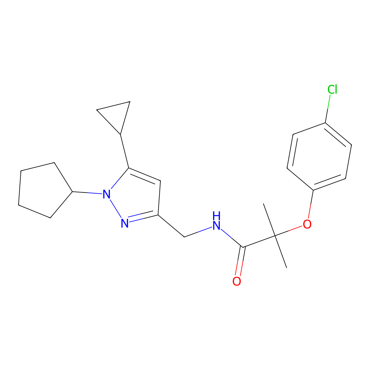 2-(4-chlorophenoxy)-N-[(1-cyclopentyl-5-cyclopropyl-1H-pyrazol-3-yl)methyl]-2-methylpropanamide molecular structure, CAS 1448130-65-1