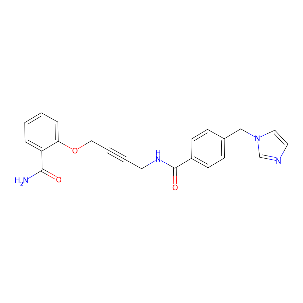 4-((1H-imidazol-1-yl)methyl)-N-(4-(2-carbamoylphenoxy)but-2-yn-1-yl)benzamide molecular structure, CAS 1448130-69-5